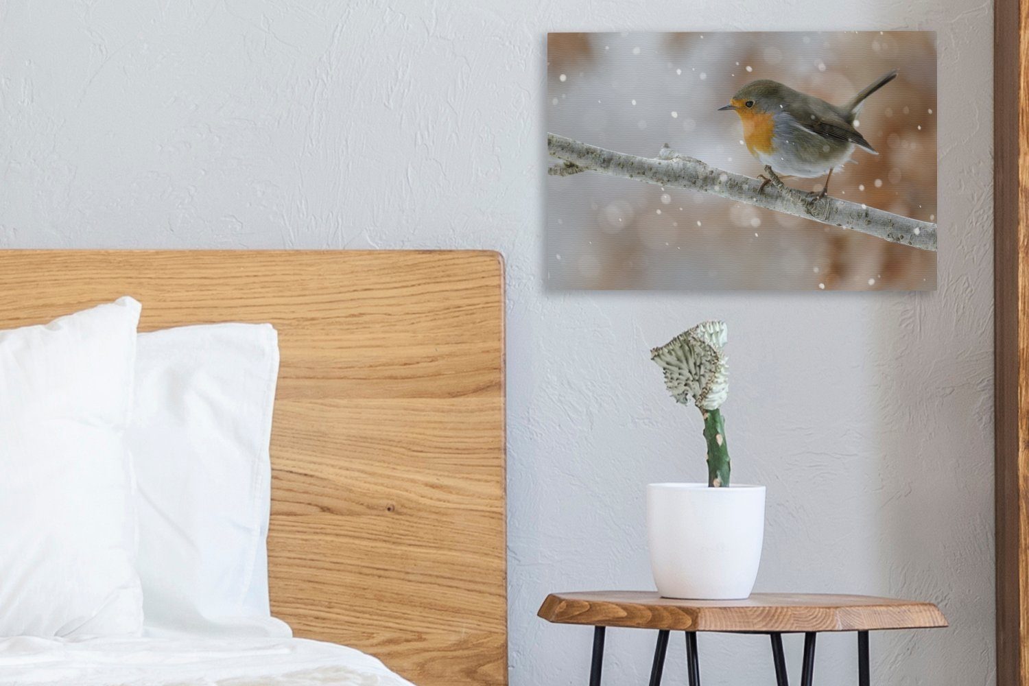 OneMillionCanvasses® Leinwandbild Rotkehlchen - Äste - (1 Wandbild cm 30x20 St), Schnee, Wanddeko, Aufhängefertig, Leinwandbilder