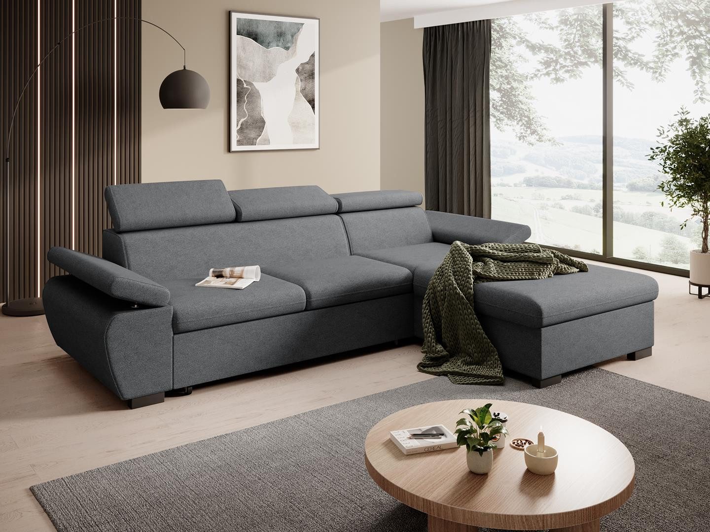 Beautysofa Ecksofa COCO mit Schlaffunktion und Bettkasten, pflegeleichter Stoff, großzügige Liegefläche 210×124 cm, verstellbaren Kopfstützen und Armlehe