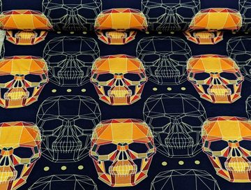 Corileo Stoff French Terry Graphic Skulls in Nachtblau / Orange Stoff Meterware Kleiderstoff