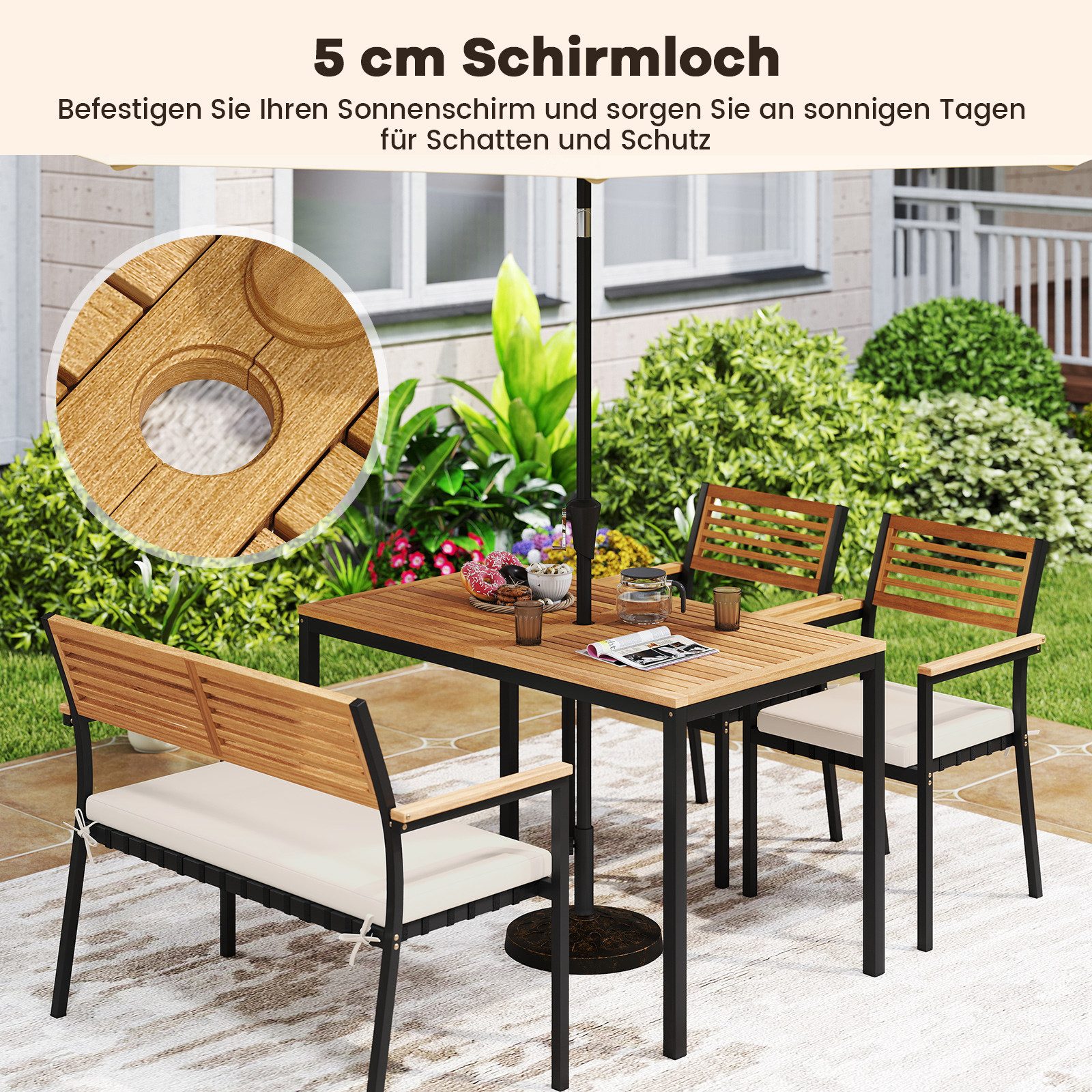 COSTWAY Garten-Essgruppe, (4-tlg), 4 Personen 120x70cm Gartentisch mit Schirmloch, Sitzbank, 2 Stühle