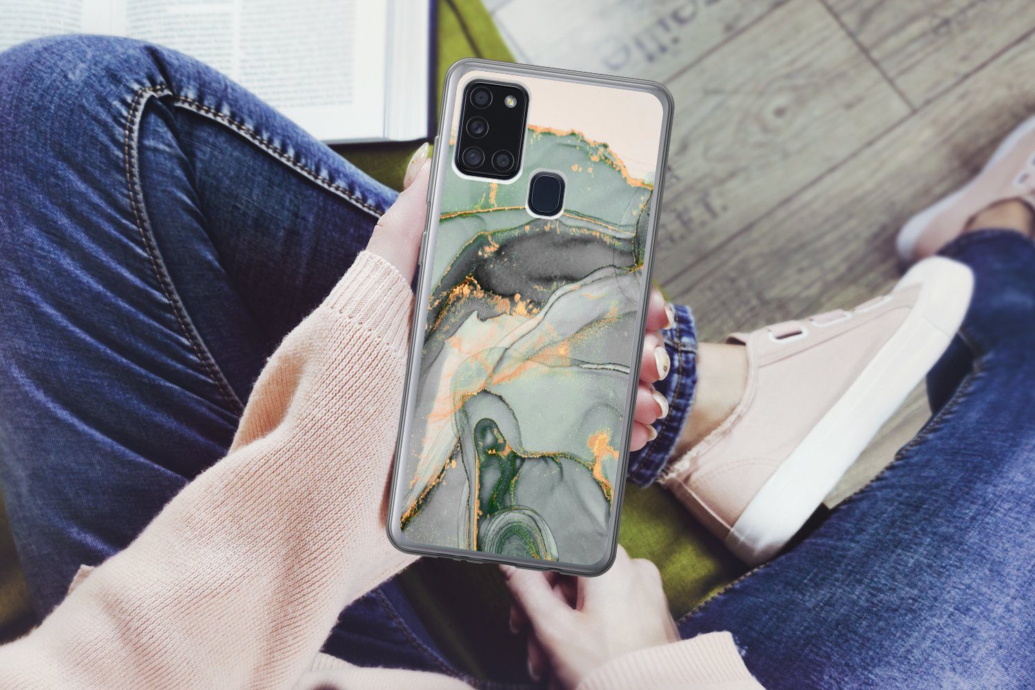 MuchoWow Handyhülle für Samsung Galaxy A21s Gold - Marmor - Grün - Luxus - Glitzer - Marmo, Smartphone-Bumper, Print, Handy Schutzhülle Dünn