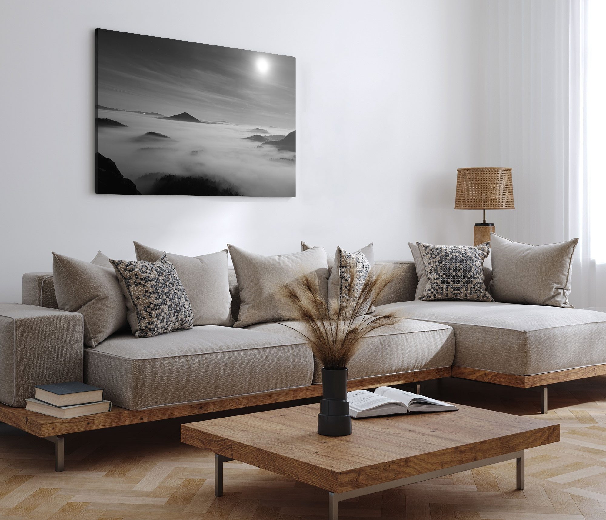 Sinus Art Leinwandbild 120x80cm Wandbild auf Leinwand Schwarz Weiß Fotografie Berge über den, (1 St) – Bild 4 von 5