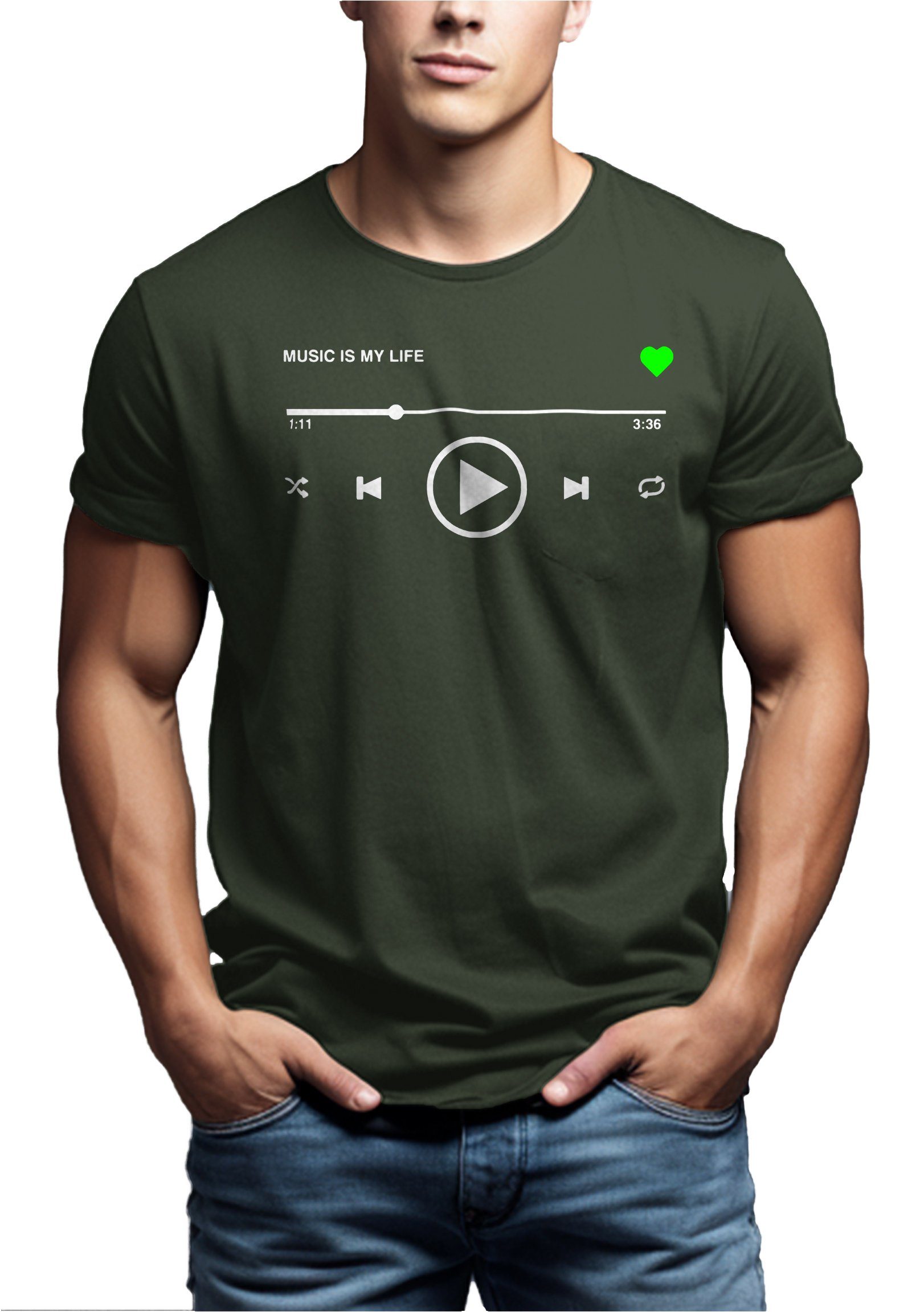 Motiv Kurzarm) (Rundhals, Print-Shirt Musiker Druck, aus Coole Playlist für Musik Herren mit MAKAYA Geschenke Männer Baumwolle Mode Grün