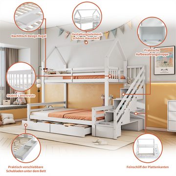 autolock Kinderbett Etagenbett mit Leiter,Hausbett,Kinderbett,Drei-Schläfer,mit Regal, Schubladen,mit Fallschutzgitter,mit MDF-Stauraum-Leiterschrank