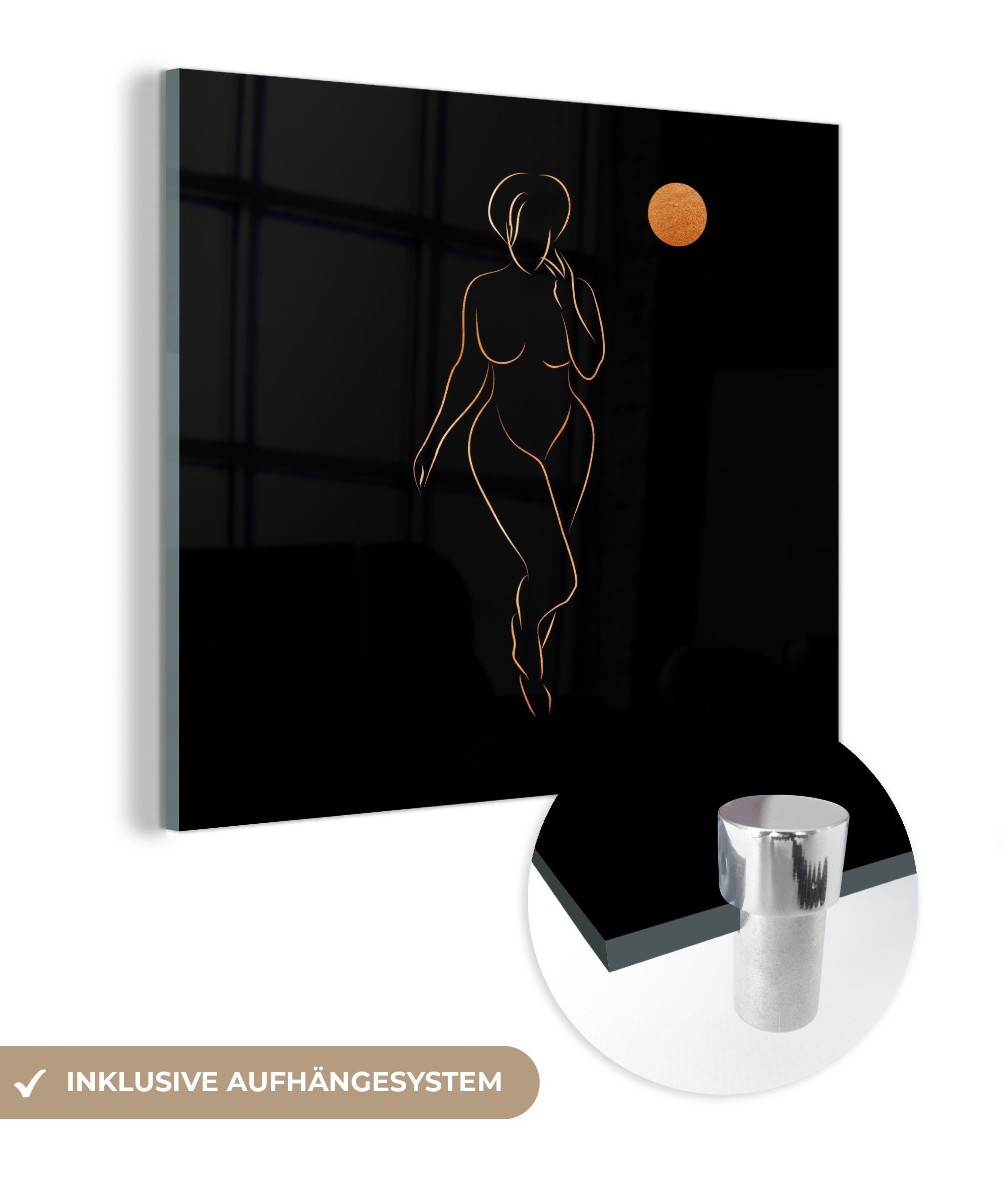 MuchoWow Acrylglasbild Frau - Mond - Gold - Strichzeichnung, (1 St), Glasbilder - Bilder auf Glas Wandbild - Foto auf Glas - Wanddekoration