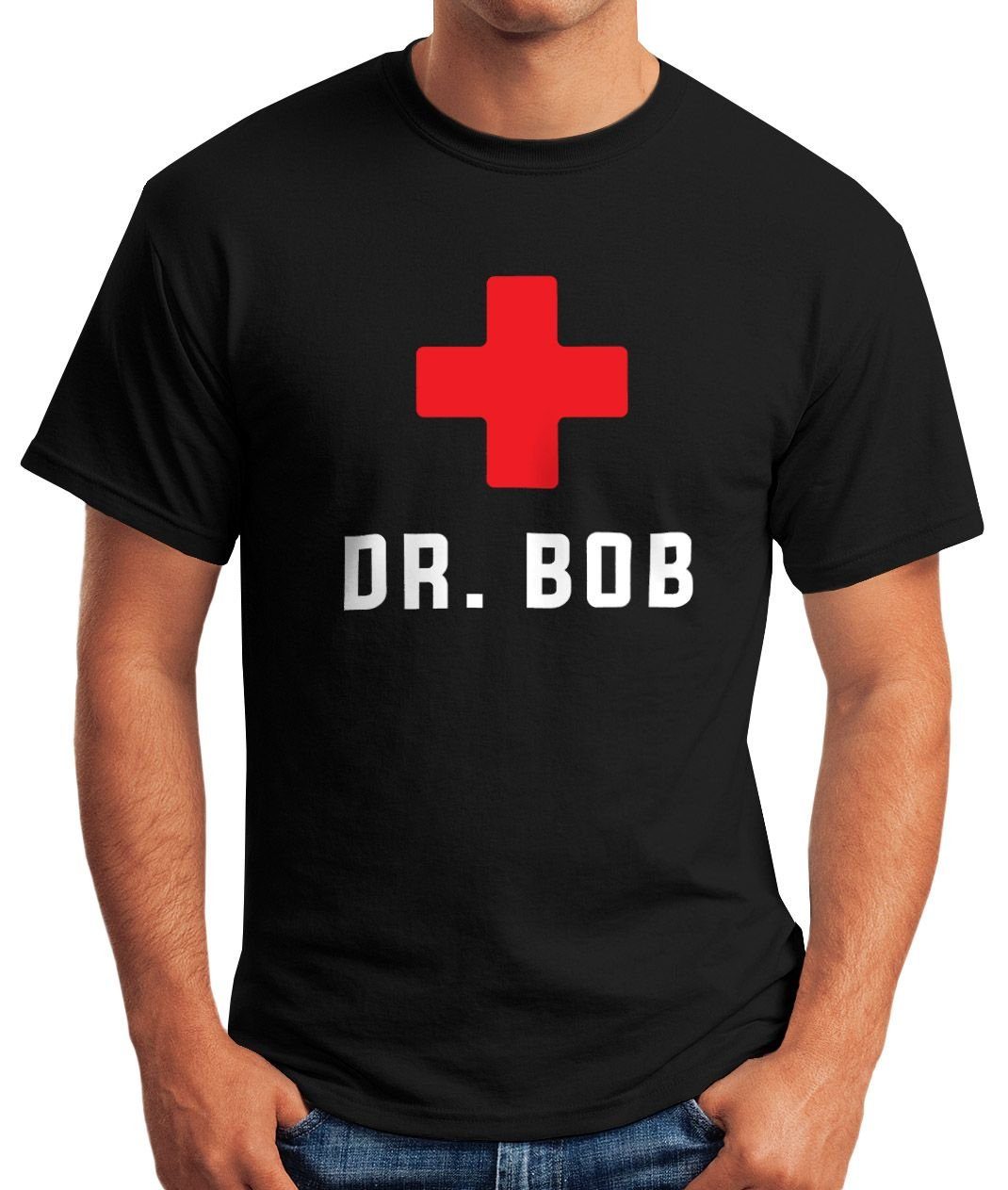 Fun-Shirt Dr Notarzt Dschungel T-Shirt Print-Shirt Herren mit Arzt MoonWorks Moonworks® schwarz Print Bob