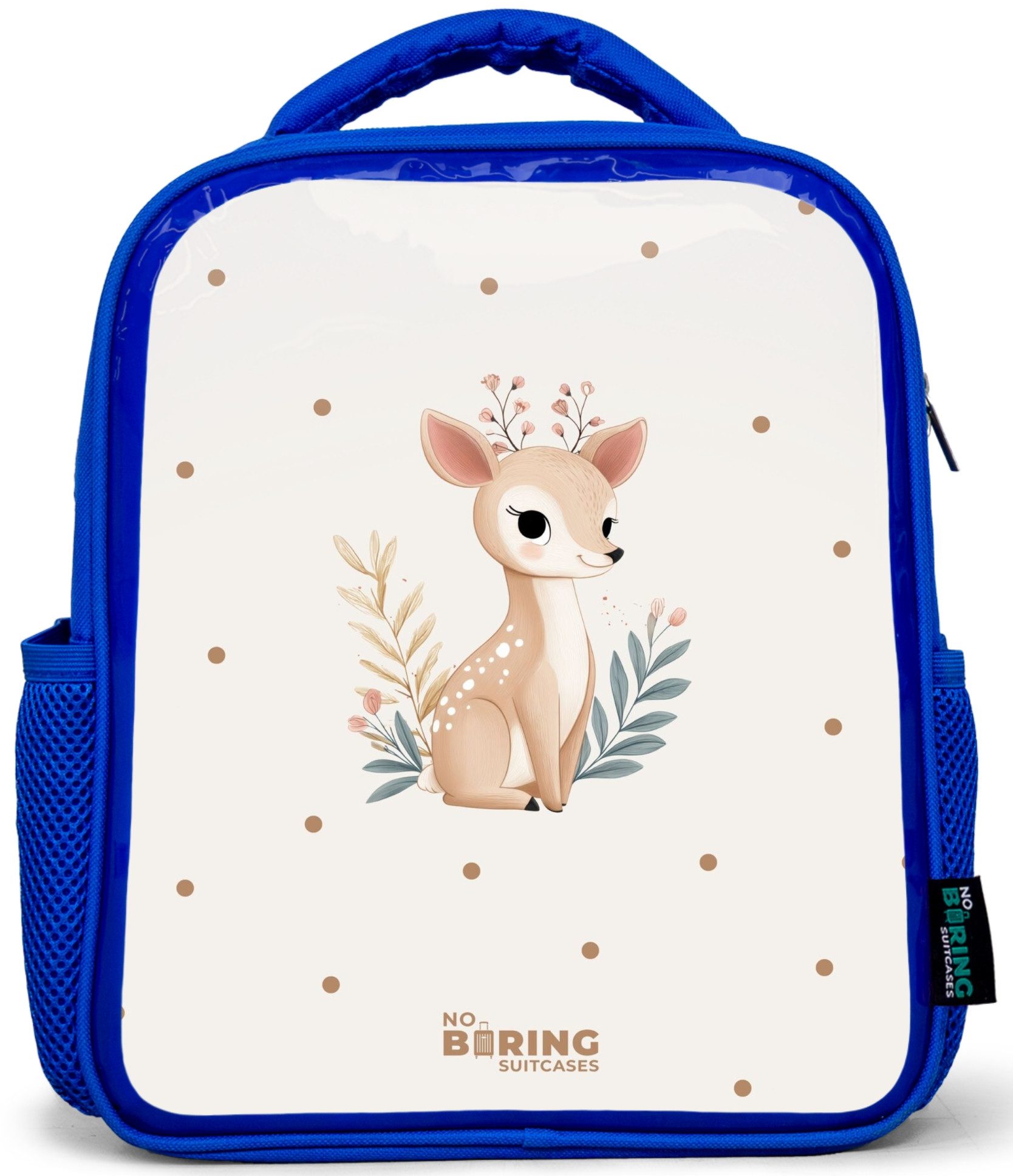 Rucksack Blau - Kleine Rehe mit Pflanzen in einem Feld voller Punkte