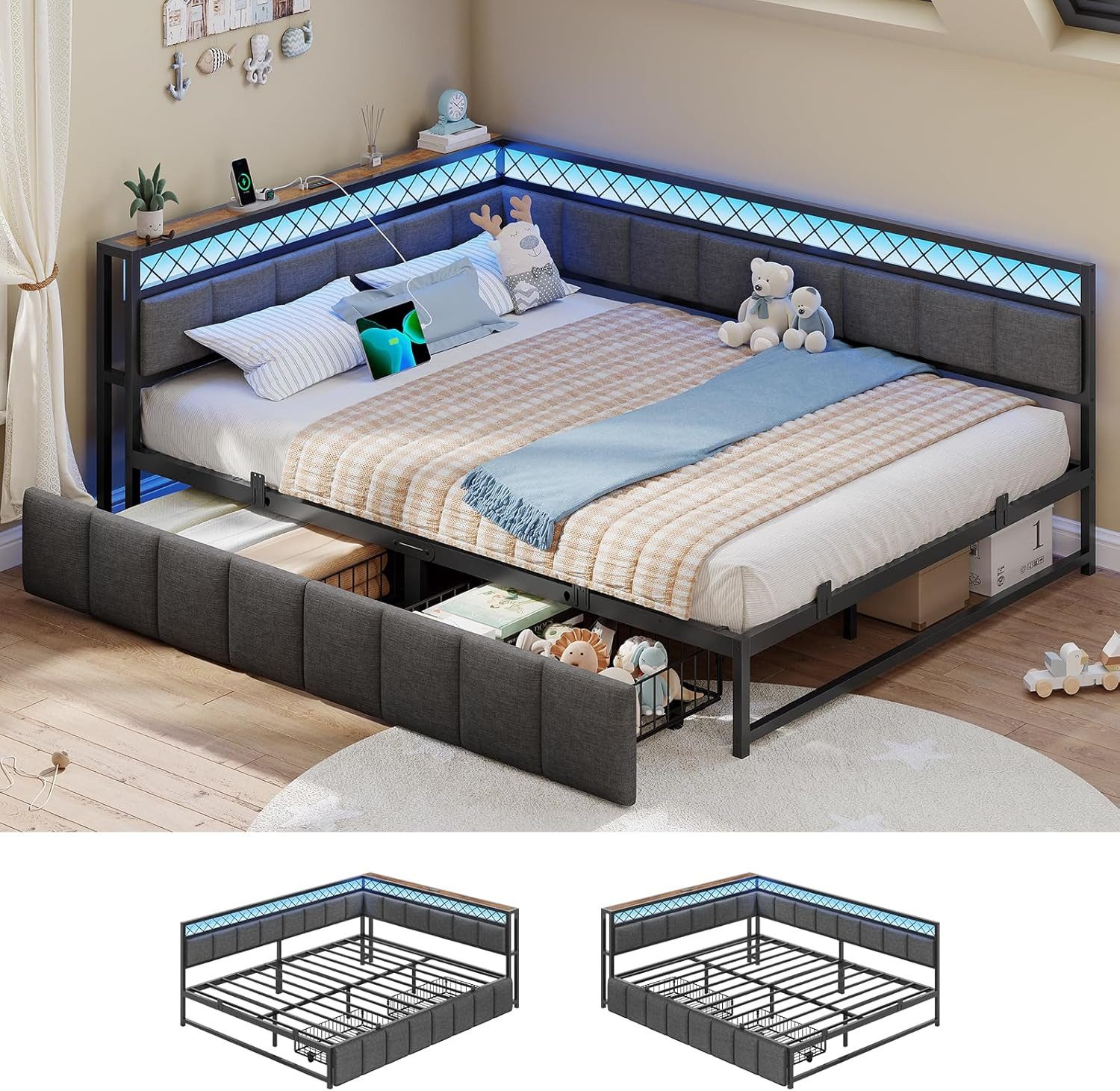 MSMASK Daybett Polsterbett Schlafsofa mit USB-Steckdosen und LED-Beleuchtung (1 tlg), Jugendbett mit 2 Schubladen, 140x200cm