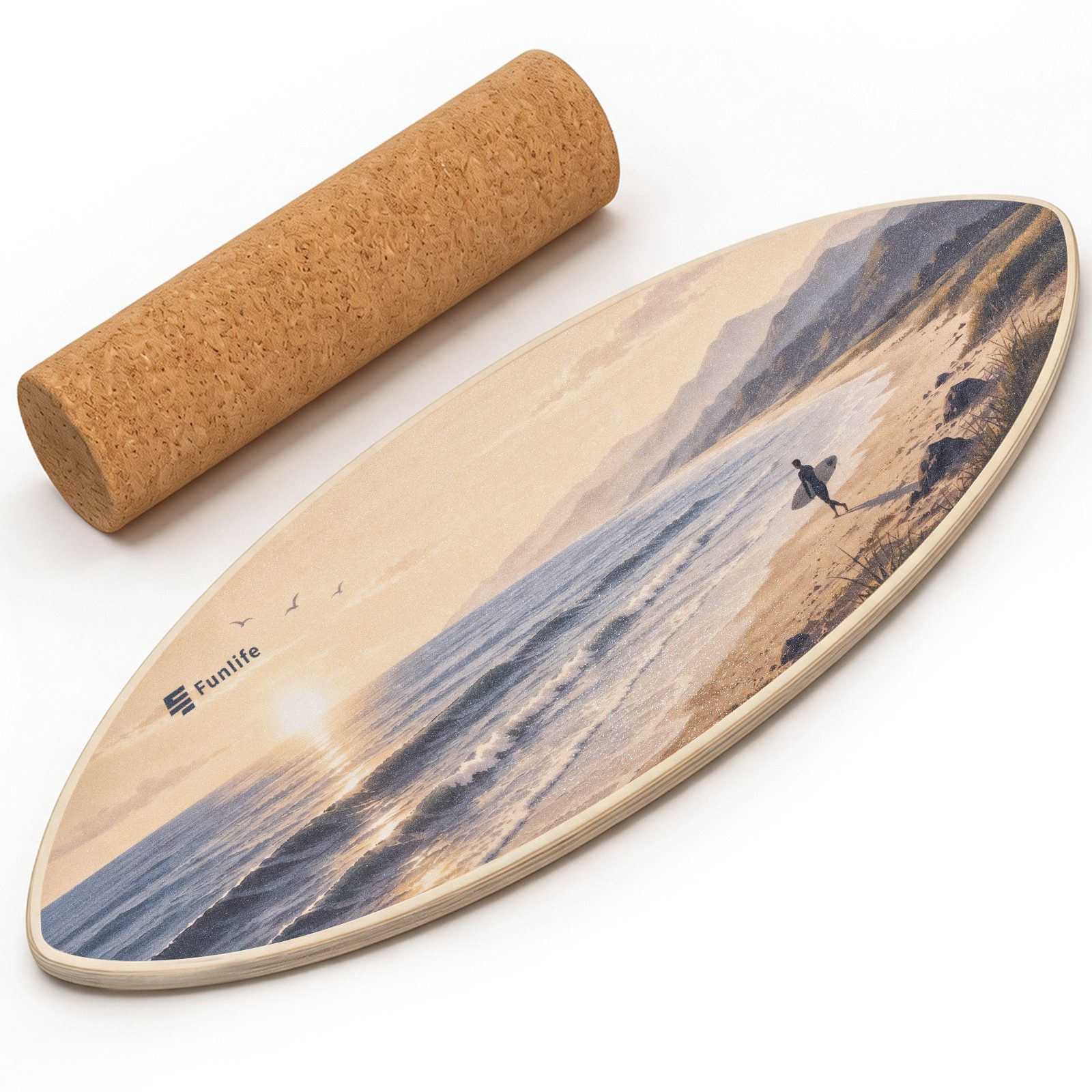 FunLife Balanceboard Design-Edition – einzeln, mit Fitnessbändern oder Balance-Zubehör, Wackelbrett aus Birkenholz mit Korkrolle, bis 150 kg belastbar