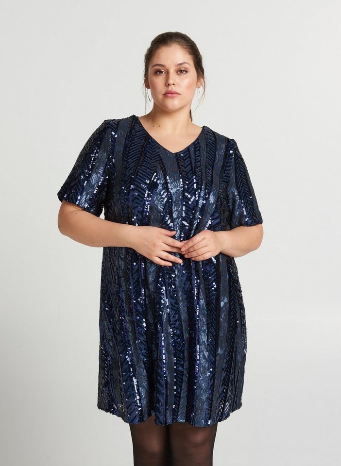 Zizzi Paillettenkleid Damen Große Größen Abendkleid 3/4 Arm Pailletten Kleid Gr 42-56 in
