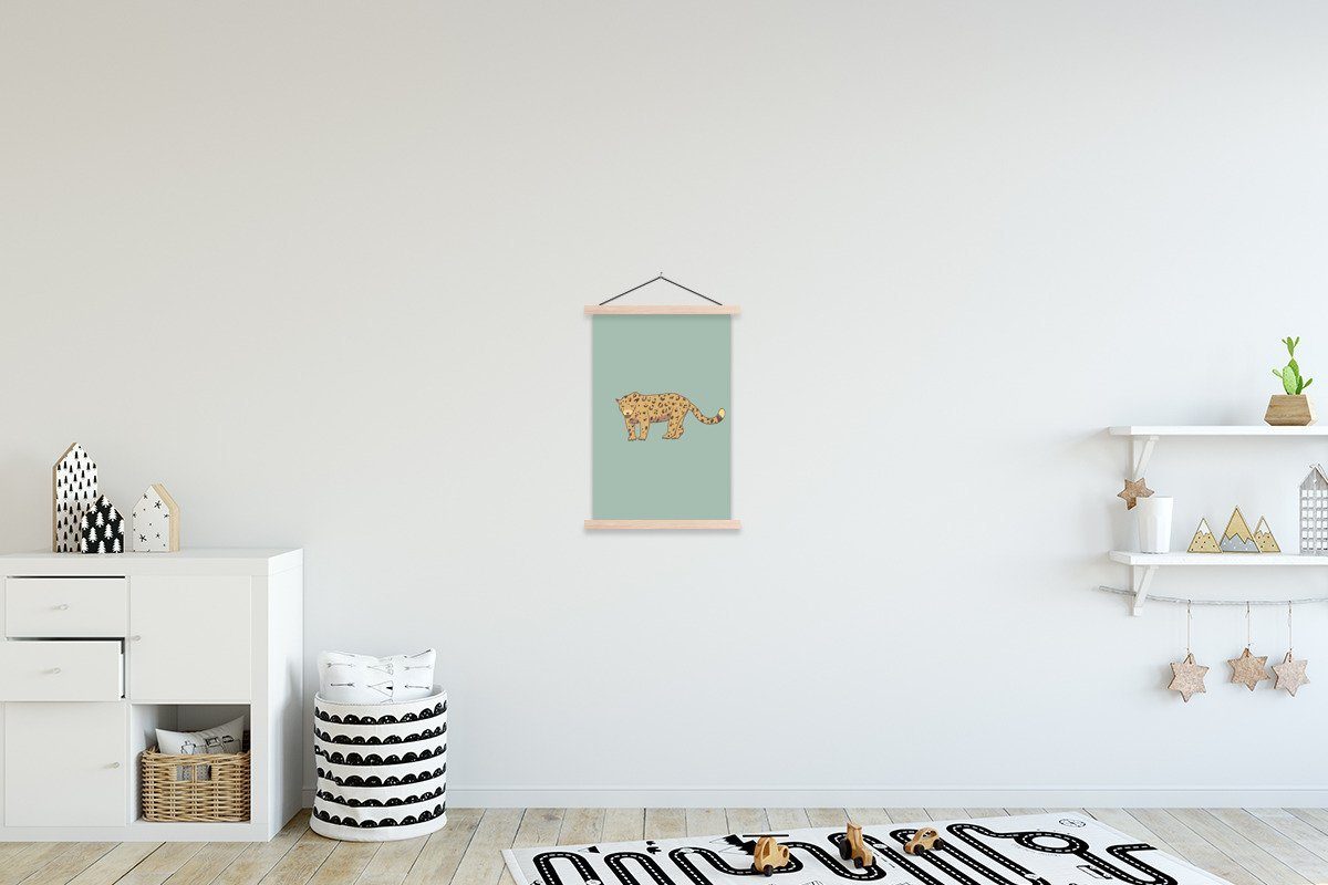 MuchoWow Poster Leopard - Kinder - Grün - Jungen - Blau - Kinder, (1 St), Posterleiste, Textilposter für Wohnzimmer, Bilderleiste, Magnetisch