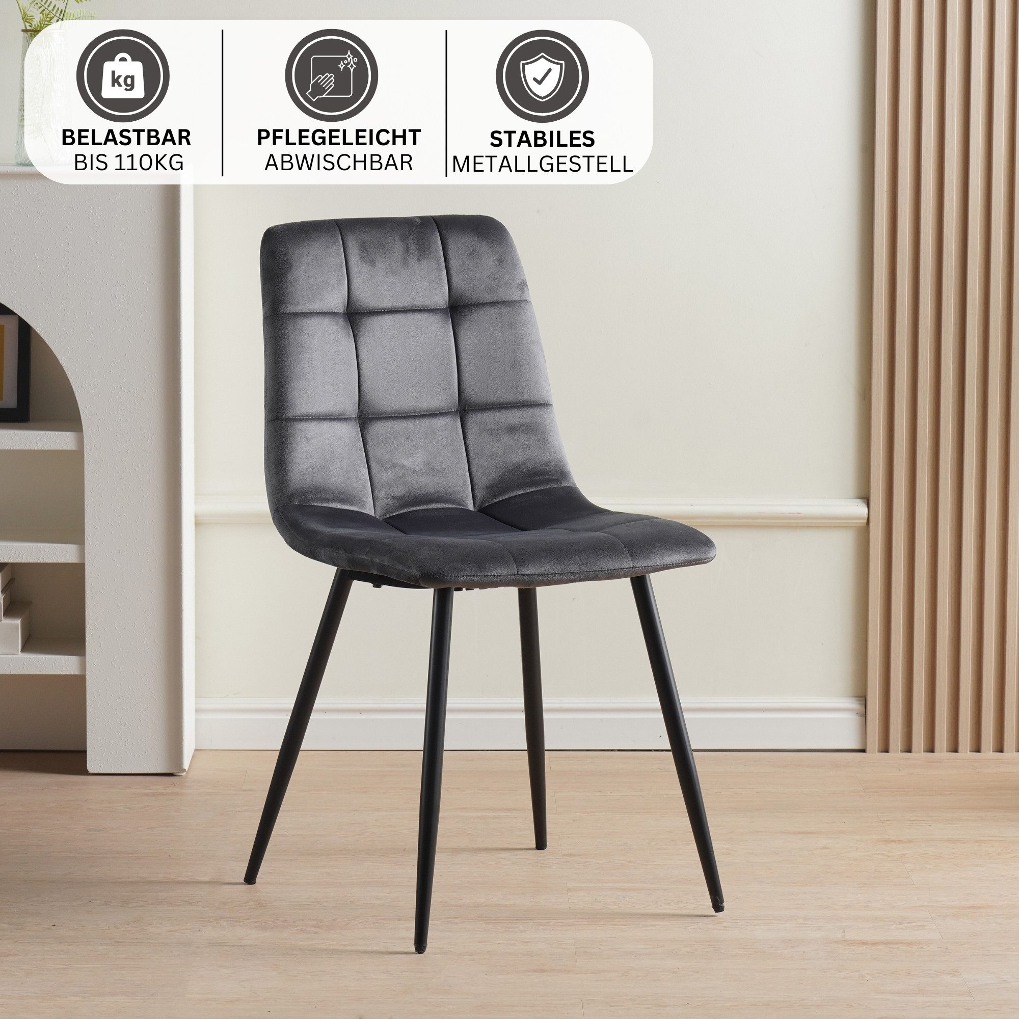 Albatros International Esszimmerstuhl Esszimmer Stühle 4 er Set BORA, Stuhl Stühle Esszimmerstühle, Küche (4er Set, Anthrazit Samt Bezug), Küchenstuhl Küchenstühle Essstühle für den Esstisch Ess Stühle