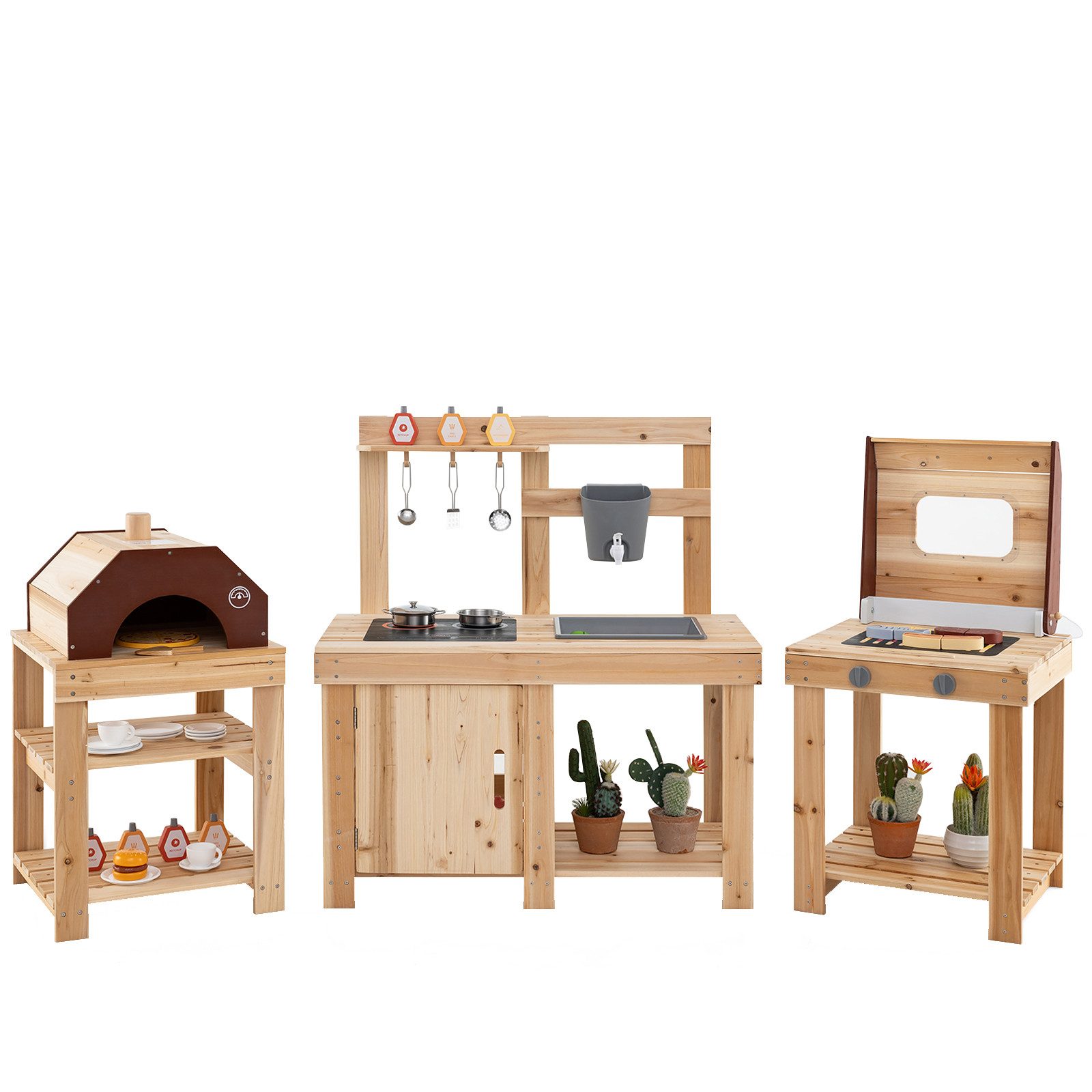 COSTWAY Outdoor-Spielküche Tannenholz, mit BBQ-Grill und Pizzaofen, Kinderk günstig online kaufen