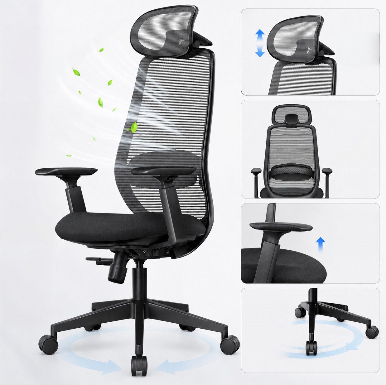 ProtoArc Bürostuhl EC200 Bürostuhl Ergonomisch für das Innenministerium Schwarz (Spar-Set), mit Höhen und Tiefenverstellbarer Lendenwirbelstütze