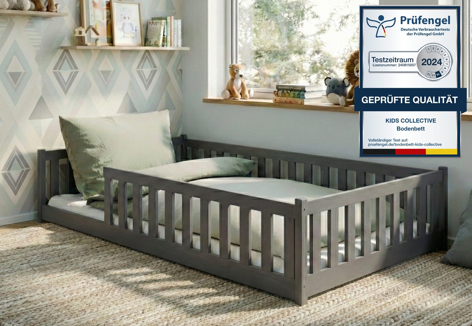 Kids Collective Kinderbett Bodenbett Bett mit Rausfallschutz & Lattenrost Montessori Bett Kinder (Jungen, Mädchen, Kinder, weitere Größen 80x160, 80x180, 90x190, 90x200, 140x200 cm), Jugendbett Gitterbett Einzelbett, Graphit Kiefer 120x200 cm