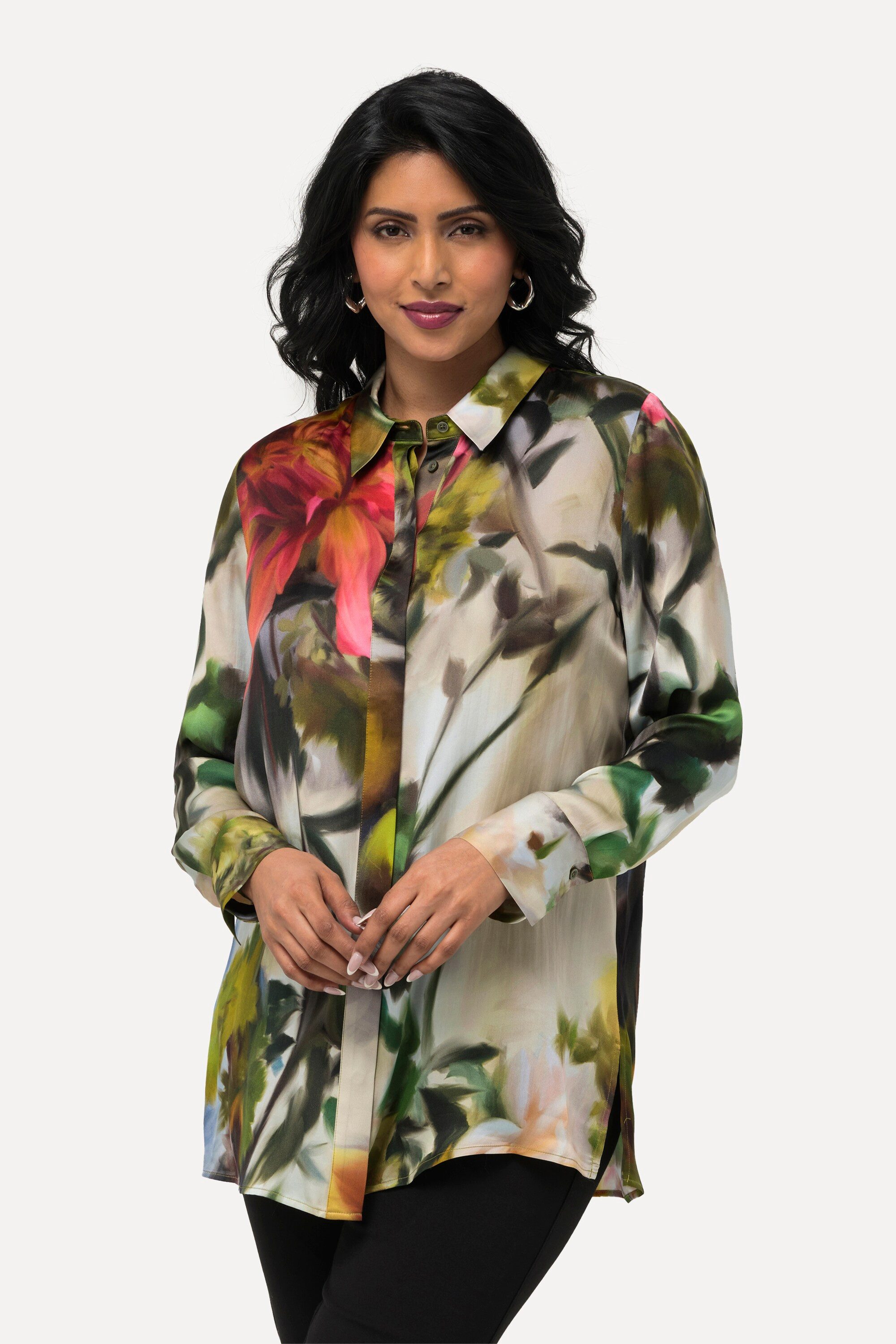 Hemdbluse Seidenbluse Blüten Hemdkragen Langarm