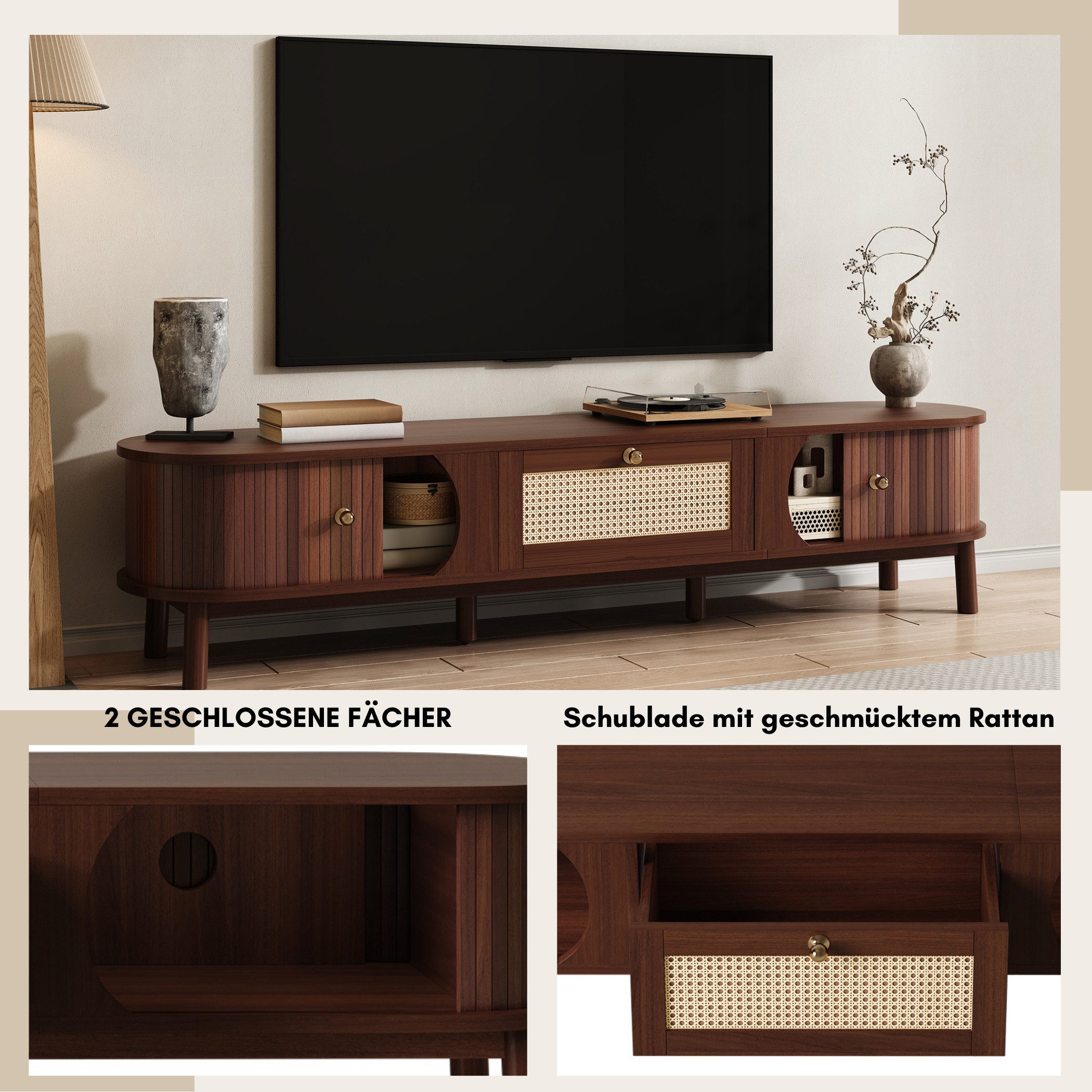 SeedWave Lowboard Retro Walnussholzfarbener TV Schrank mit 2 Schiebetüren, 1 Schublade, Geschmückte Rattanoberfläche, 2 Kabelslöcher auf der Rückseite