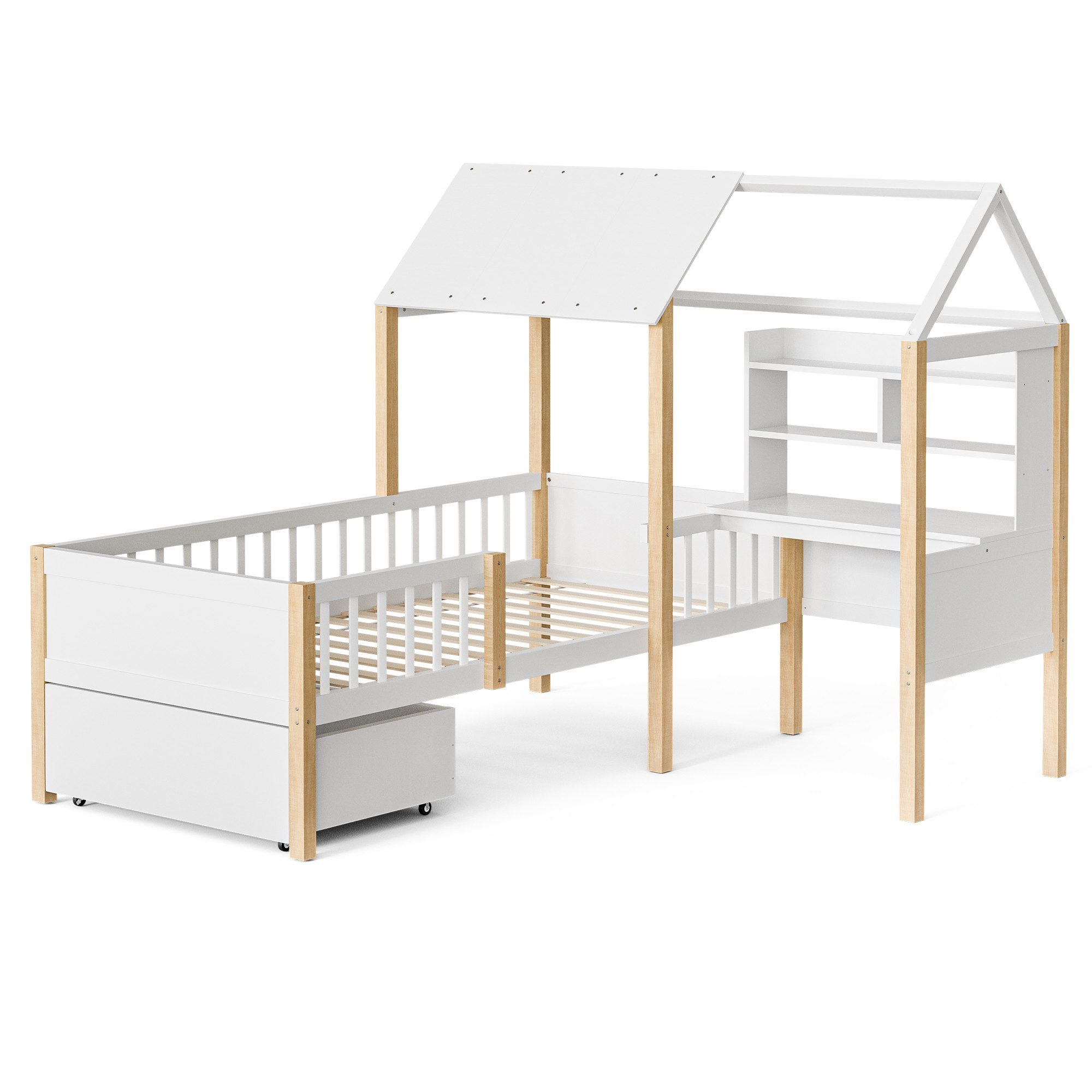 LVHOM Hausbett 90x200,Schreibtisch,Schubladen mit Rollen,Rausfallschutz & günstig online kaufen