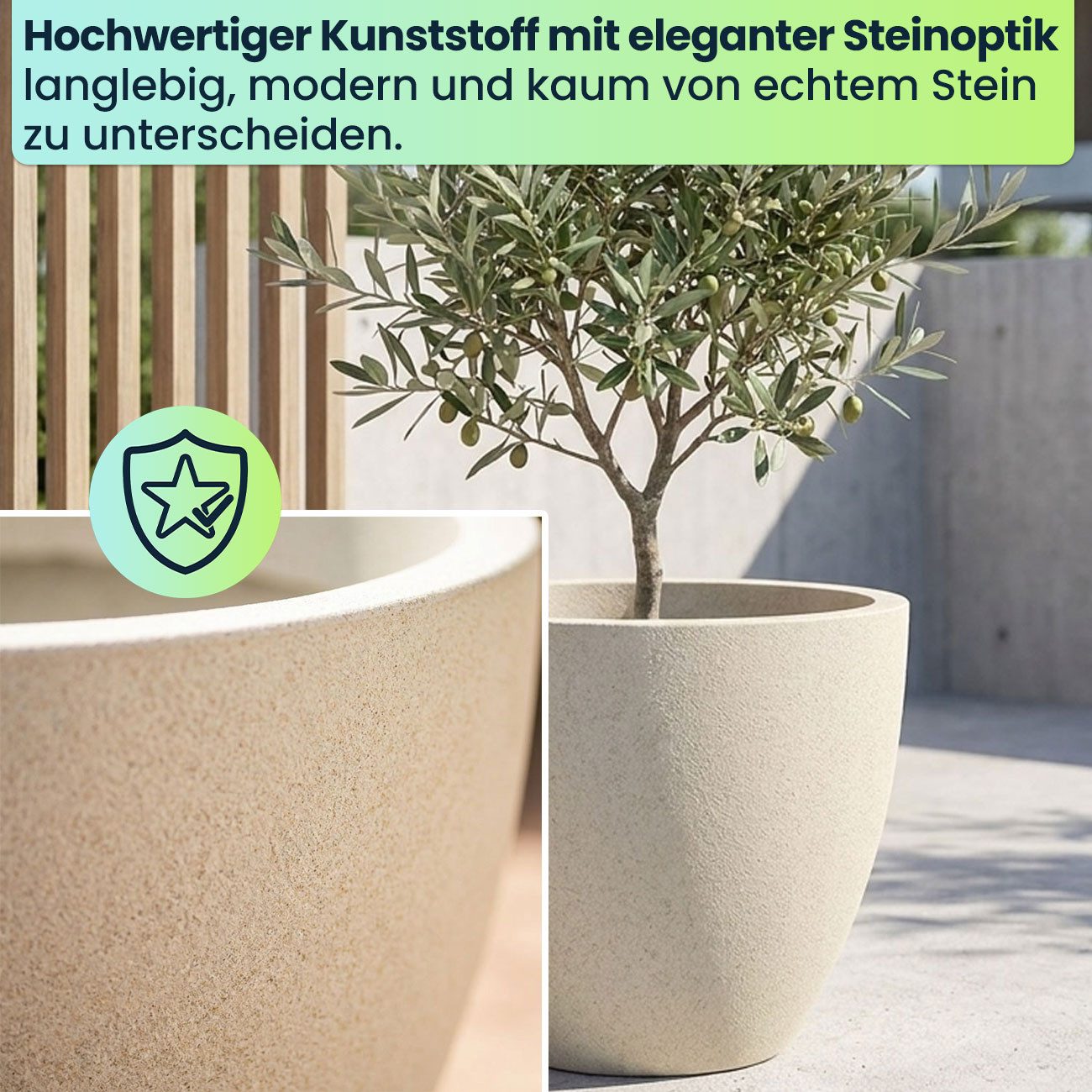 Prosperplast Pflanzkübel Ethick Moderner Pflanzkübel rund Ø58cm Sand 86L Blumentopf frostsicher (1 St., 1er-Set & 2er-Set & 3er-Set), 58,0 x 50,0 cm Kunststoff- – Bild 4 von 5