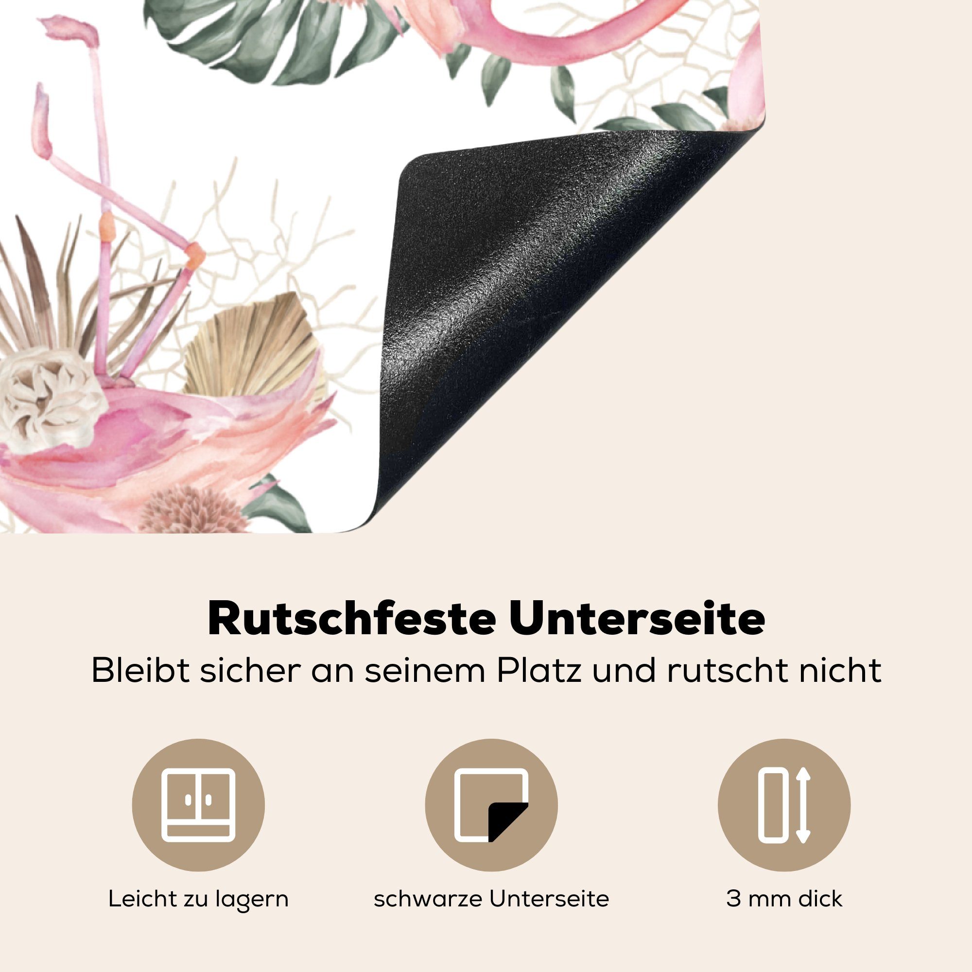 MuchoWow Herdblende-/Abdeckplatte Flamingo - 78x78 cm, - - Blätter küche Muster, Blumen Ceranfeldabdeckung, Arbeitsplatte (1 Vinyl, tlg), für