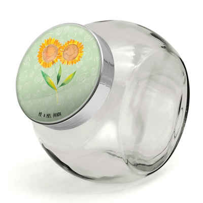 Mr. & Mrs. Panda Vorratsglas XL 2000ml Blume Sonnenblume - Blattgrün - Geschenk, zusammen, Aufbewa, Premium Glas, (1-tlg), Hochwertiger Druck