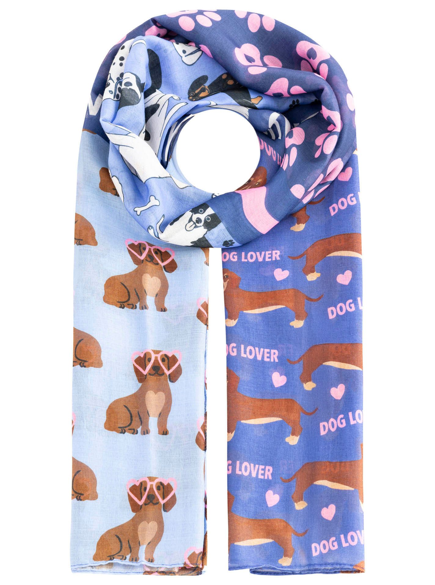 Zwillingsherz Schal "Pawsitive", Hundemuster, farbenfroh, transparent