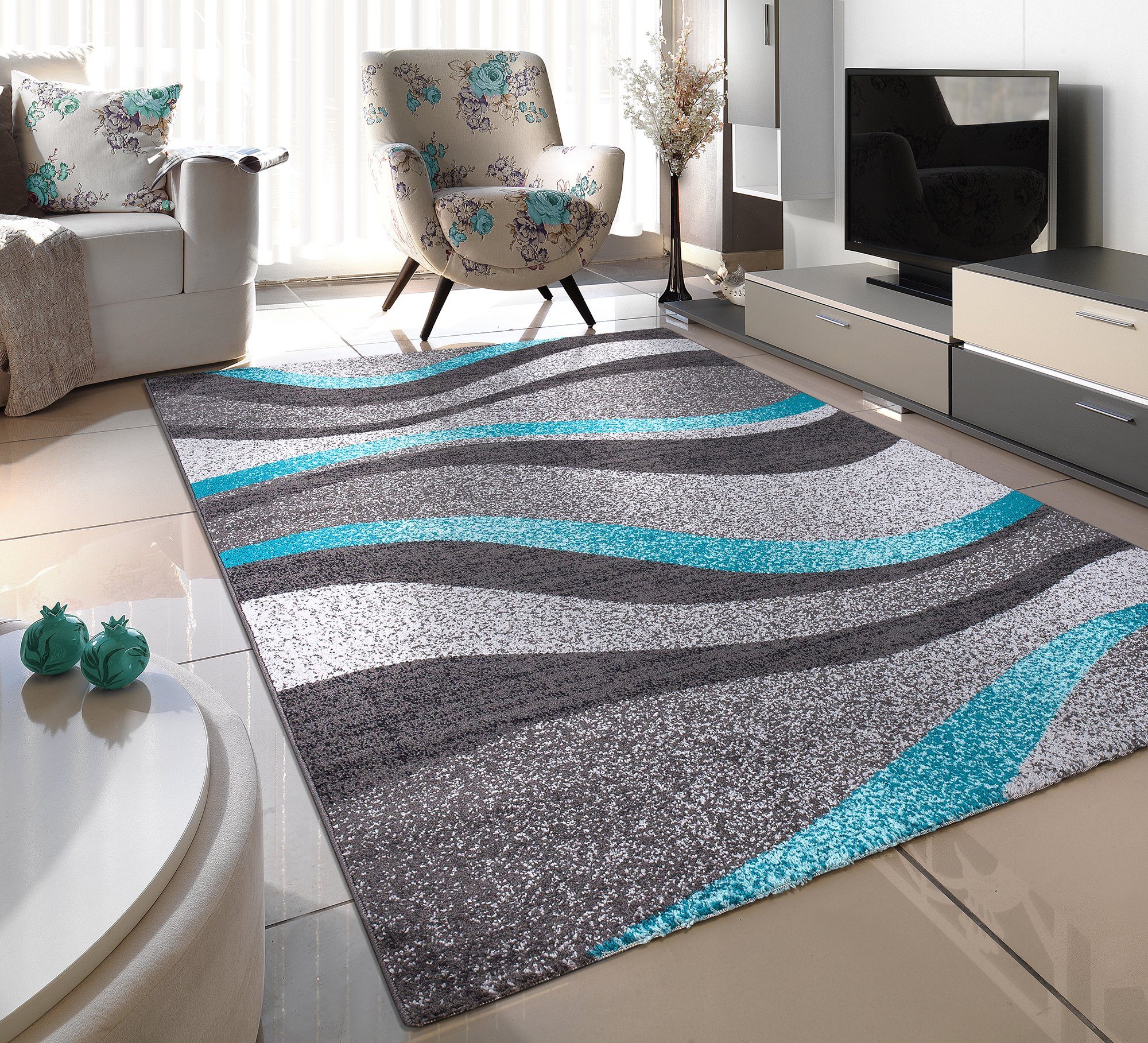 Teppich JOY 4007, TEPPIA, rechteckig, Höhe: 8 mm, Wohnzimmerteppich Rutscfest teppichläufer Küchenteppich grau, blau