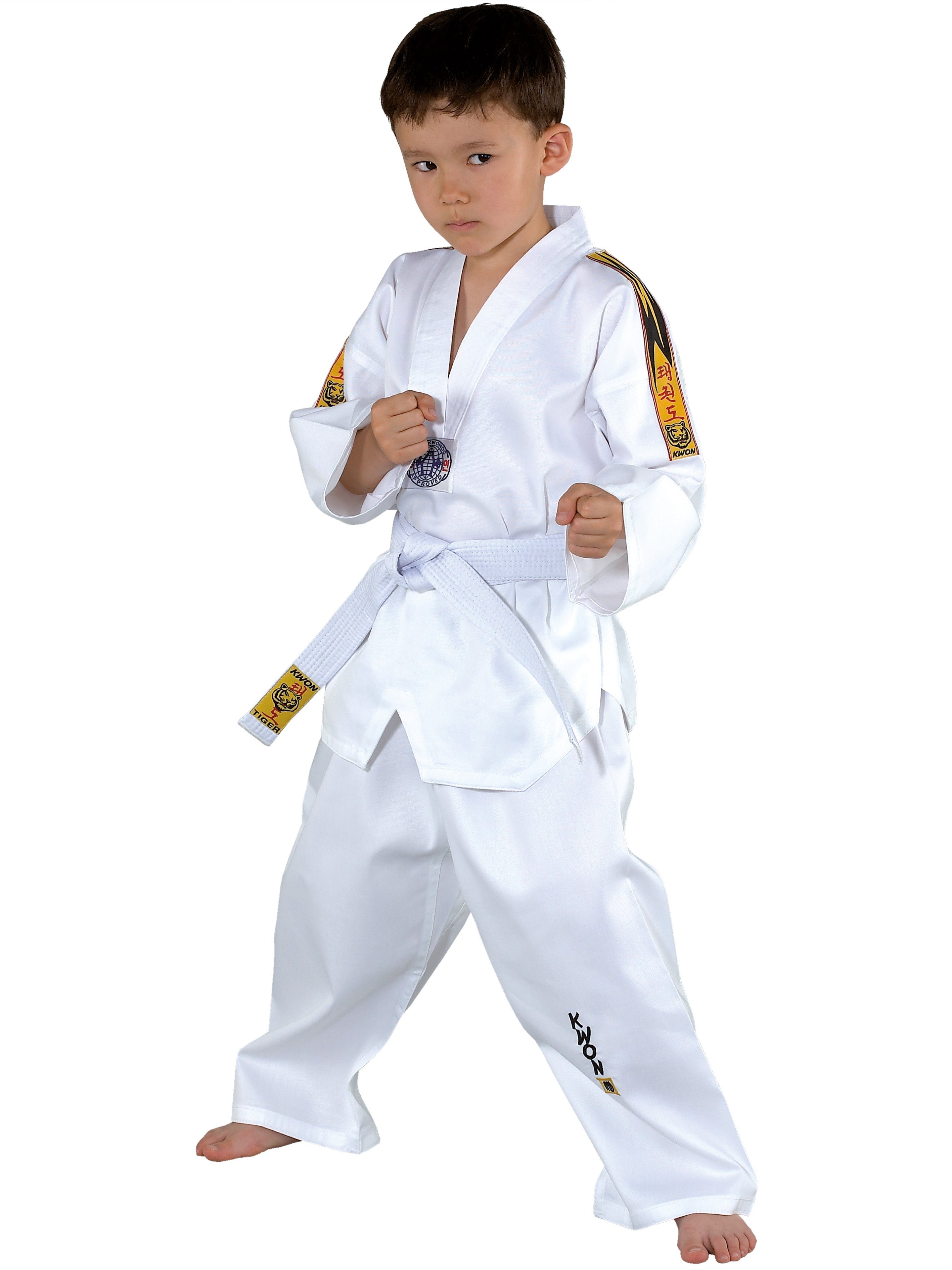KWON Taekwondoanzug Tiger Taekwondo Anzug mit Gürtel Hose und Jacke Club Line Schulterstreifen (3-teilig, komplett), Kinder, Jugendlich, Erwachsene, Größen: 90 - 180 cm, weiß
