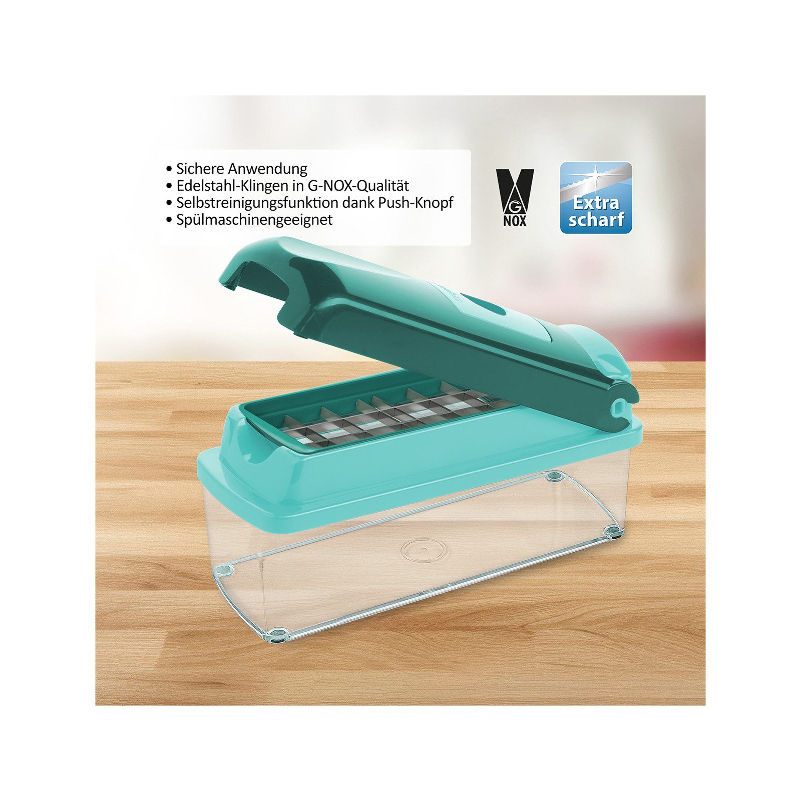 Genius Gemüseschneider Nicer Dicer Smart Gemüseschneider 9 tlg., Gemüse Obst Schneider, Großen Auffangbehälter mit einem Fassungsvermögen von 1.250 ml.