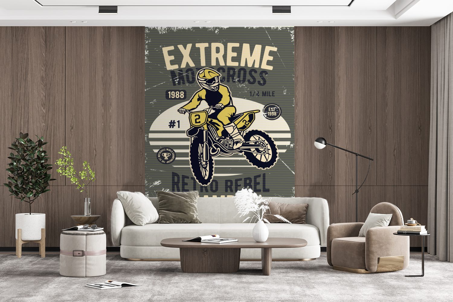 Fototapete Wohnzimmer, bedruckt, Montagefertig Motorrad Tapete Retro für Gelb, Wandtapete - Matt, MuchoWow - (3 St), Vinyl