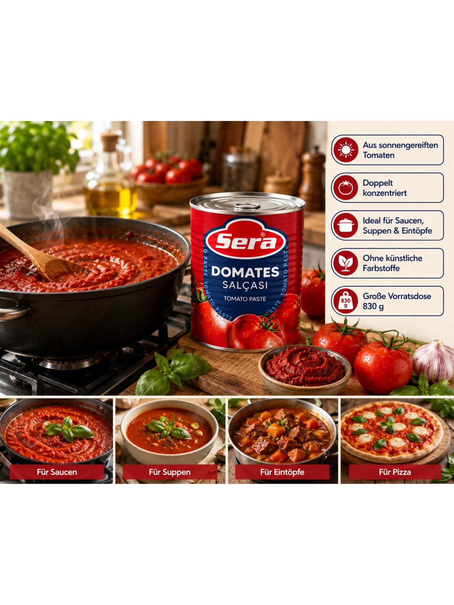 SERA FOOD Saucen Doppelt konzentriertes Tomatenmark aus sonnengereiften Tomaten, Doppelt konzentriert, Sonnengereifte Tomaten, Intensiver Geschmack