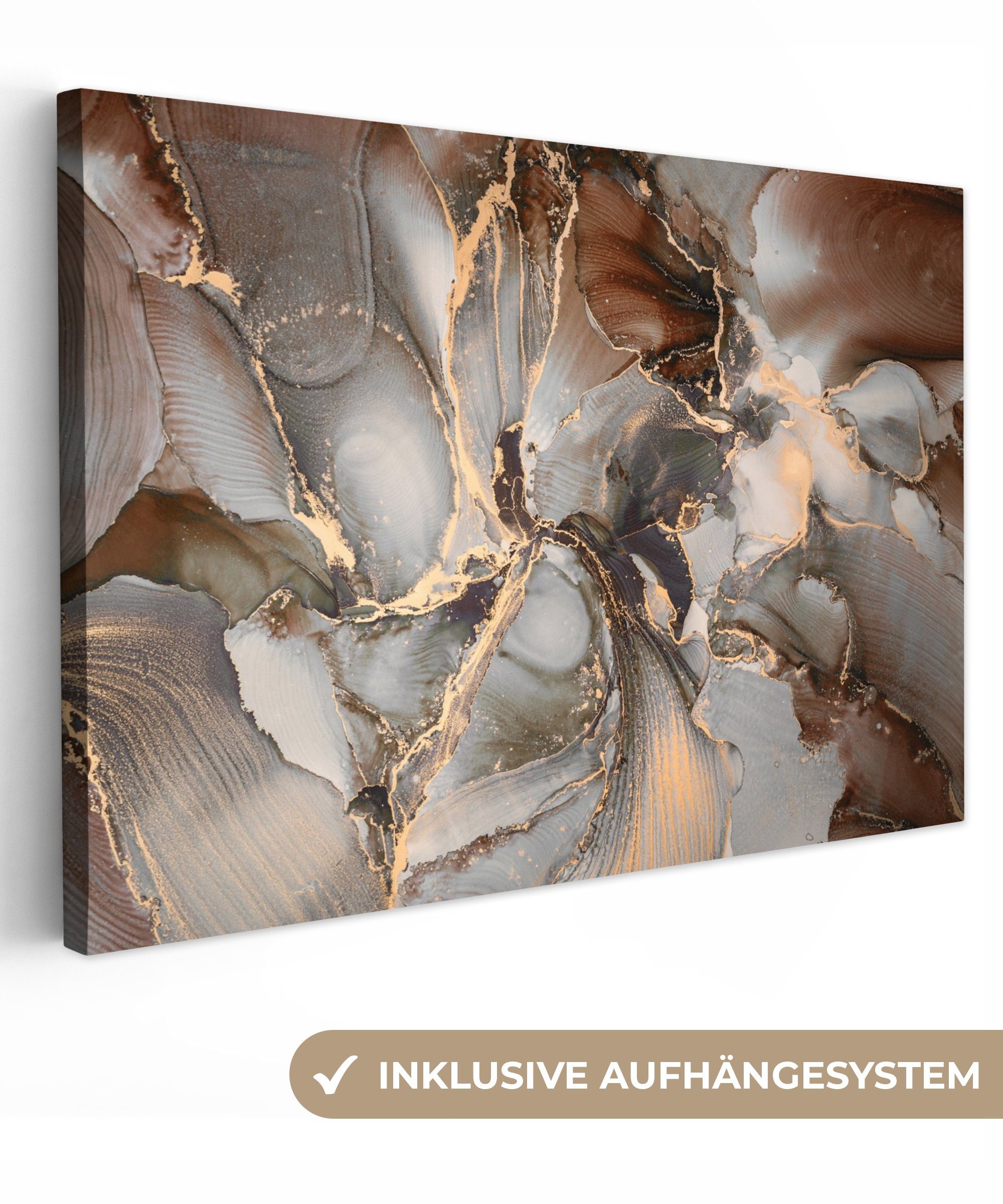 OneMillionCanvasses® Leinwandbild Grau - Gold - Marmor - Marmoroptik, (1 St), Wandbild Leinwandbilder, Aufhängefertig, Wanddeko, 30x20 cm
