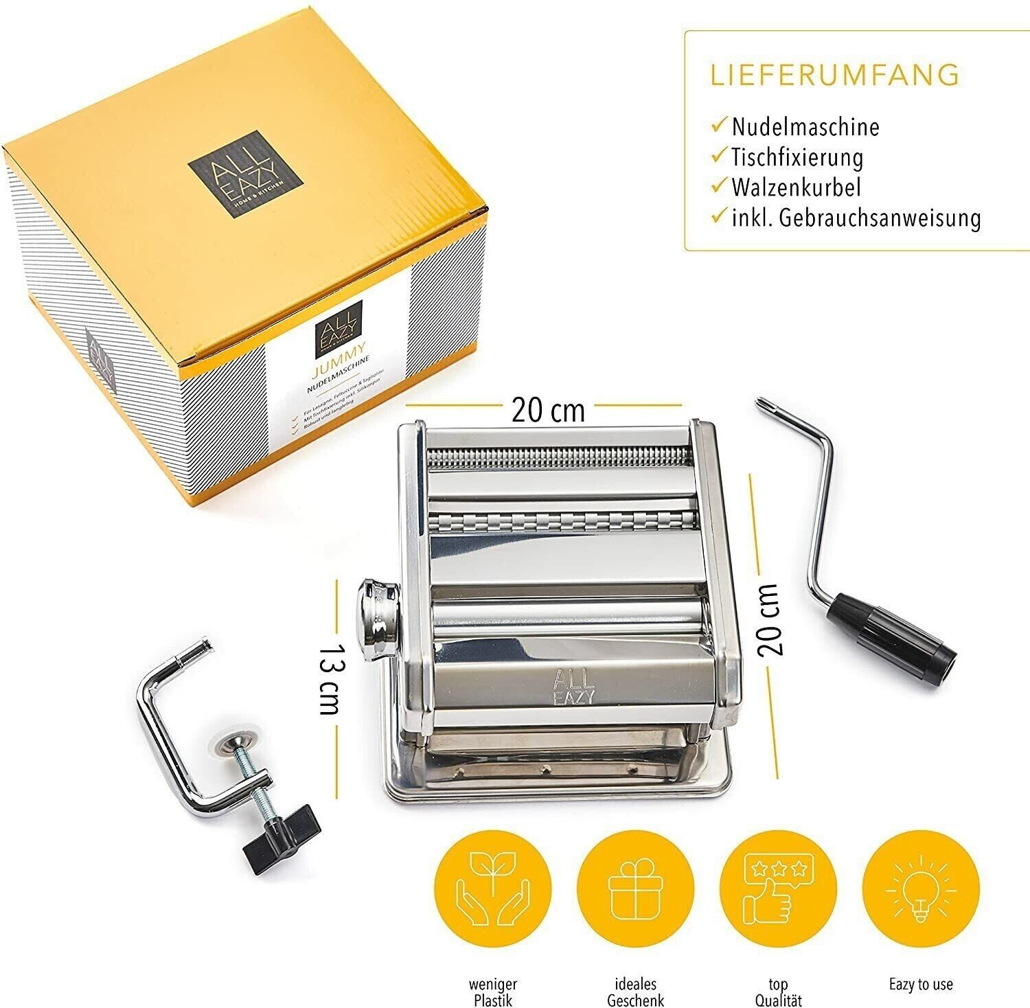 ALL EAZY Home & Kitchen Nudelmaschine Nudelmaschine aus Edelstahl Pastamaker 3 in 1 Pastamaschine Nudeln, Edelstahl