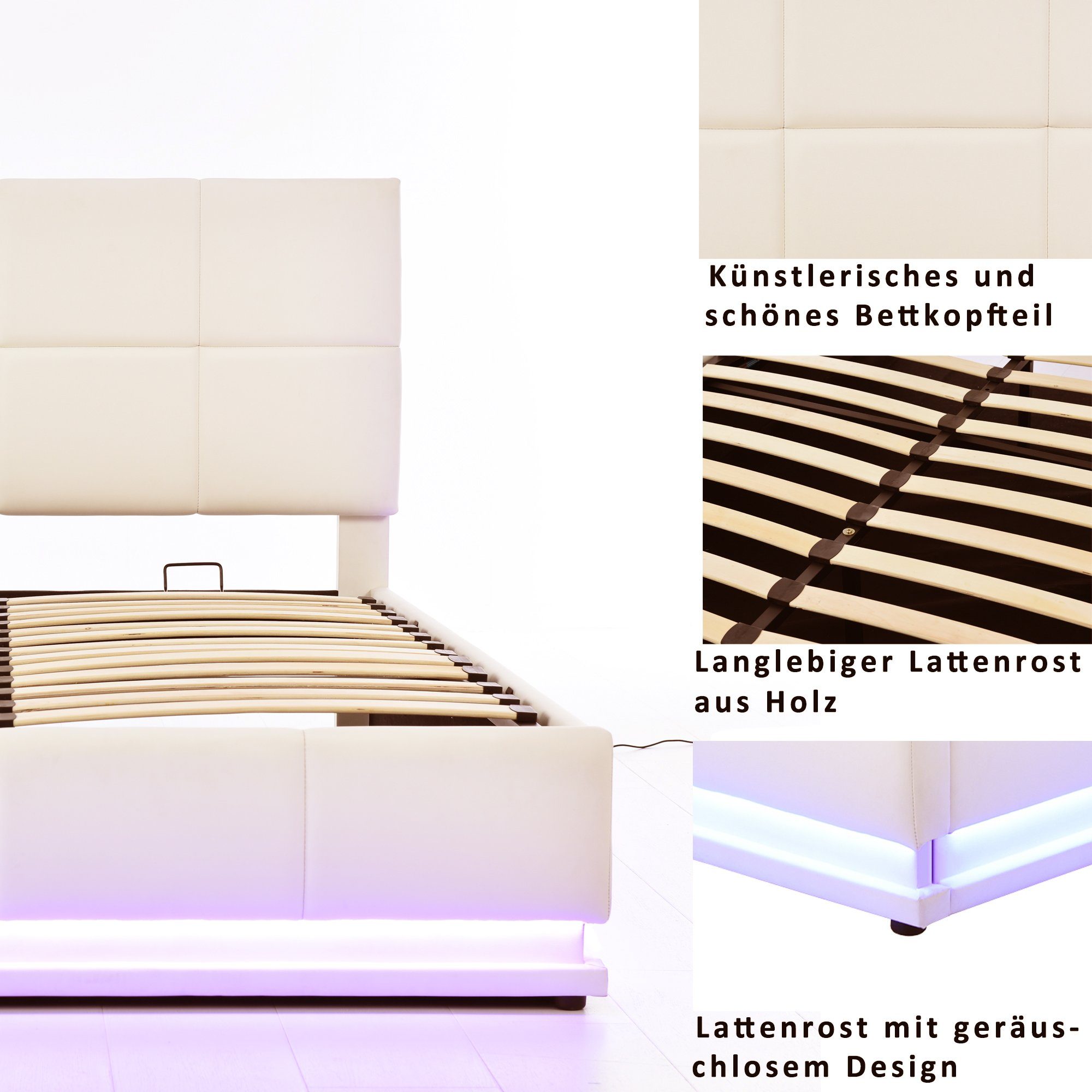 Hydraulisch REDOM (mit Funktionsbett Polsterbett Hellgrau LED Leder) ohne aus Bett Doppelbett Beleuchtung Matratze