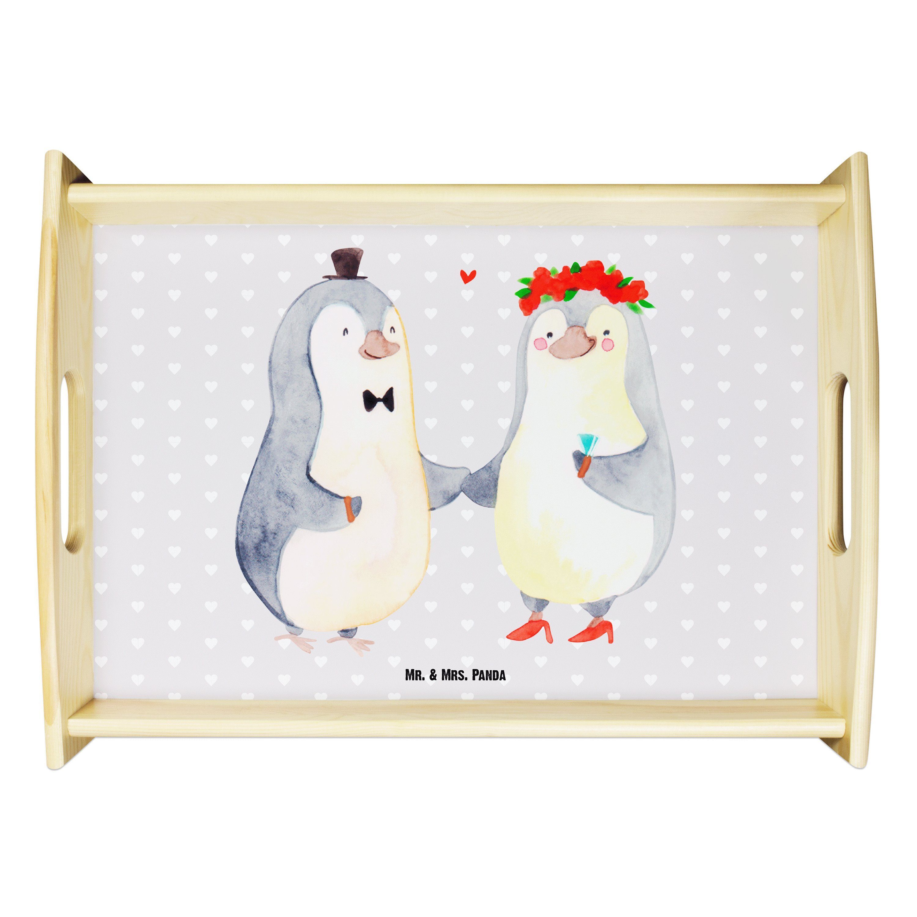 Mr. & Mrs. Panda Tablett Pinguin Heirat - Grau Pastell - Geschenk, Bräutigam, Hochzeit, Heirat, Echtholz lasiert, (1-tlg)