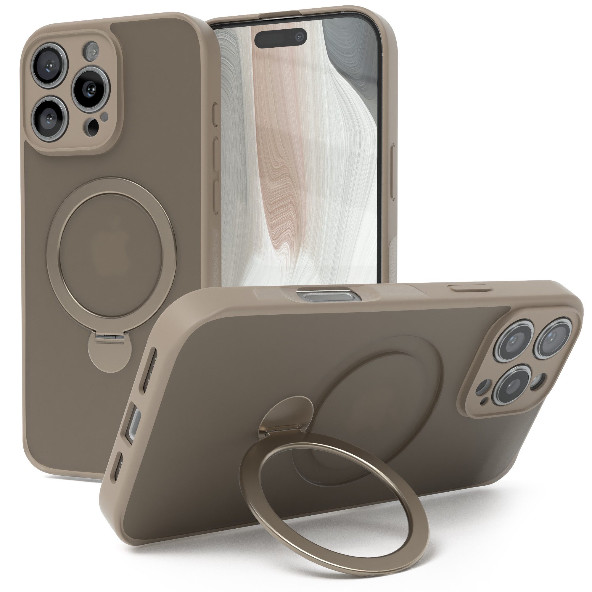 EAZY CASE Handyhülle Outdoor iPhone 16 Pro Max Case MagSafe Ring 6,9 Zoll, Outdoor Handy Hülle stoßfest Silikon Case Schutzhülle Bumper Goldbraun