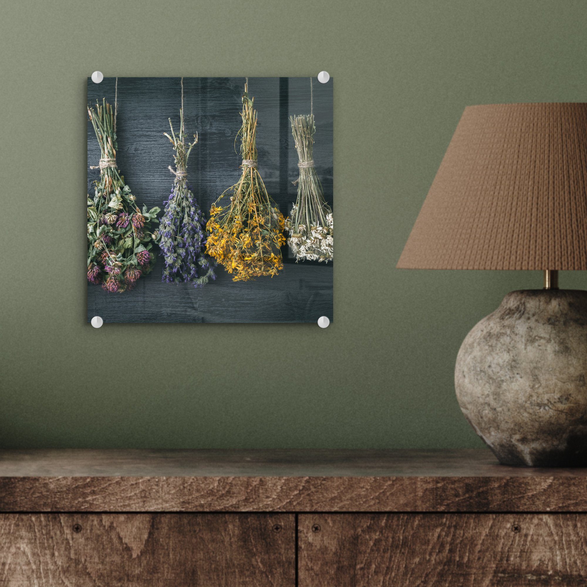 Stilleben Wanddekoration Glas bunt St), Bündel, - Foto - MuchoWow - Seil - Glasbilder - Acrylglasbild - Blumenstrauß auf - Trockenblumen Glas Wandbild Blumen - auf Bilder (1