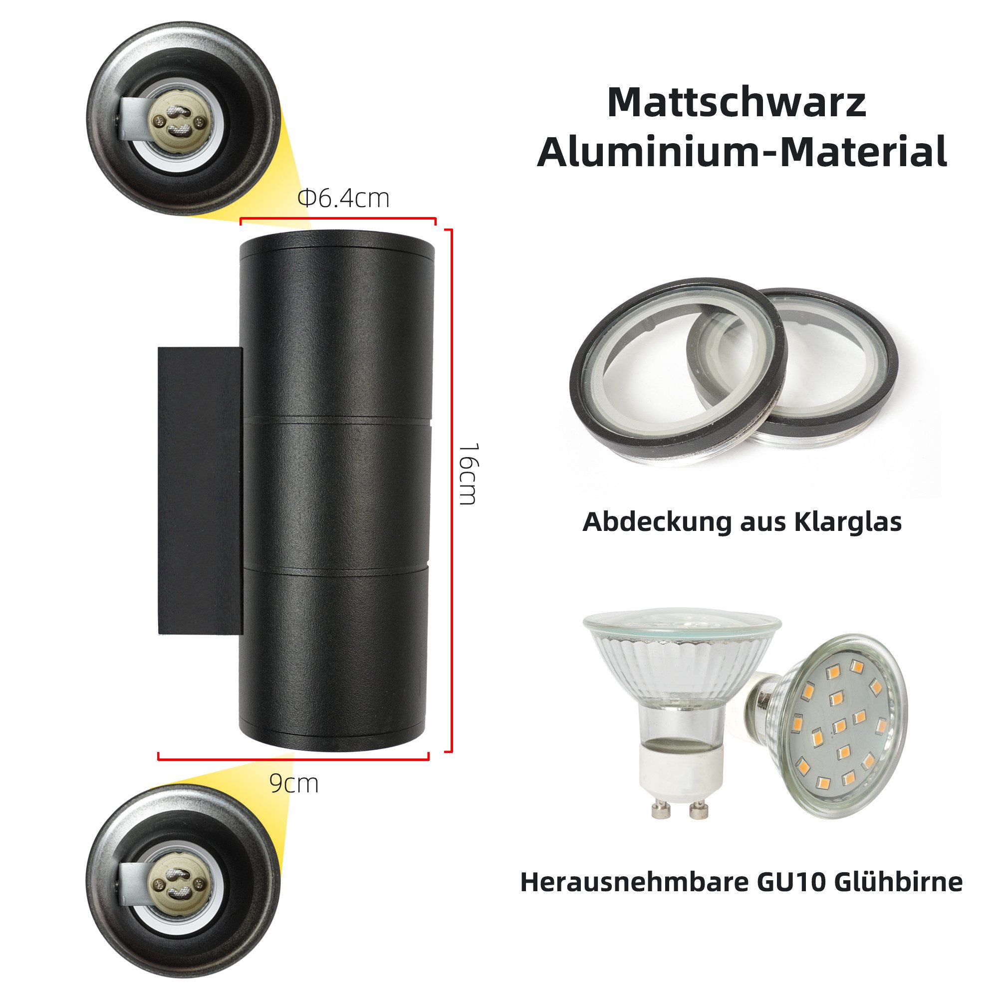 IMPTS LED Wandleuchte LED Schwarz Wandlampe Außen Innen 2 Stück Up Down Außenwandleuchten, LED wechselbar, Inkl 4 x GU10 Leuchtmittel, Warmweiß, Gartenstrahler Badleuchte Hauswand Up Down Inkl 4 x GU10 Leuchtmittel