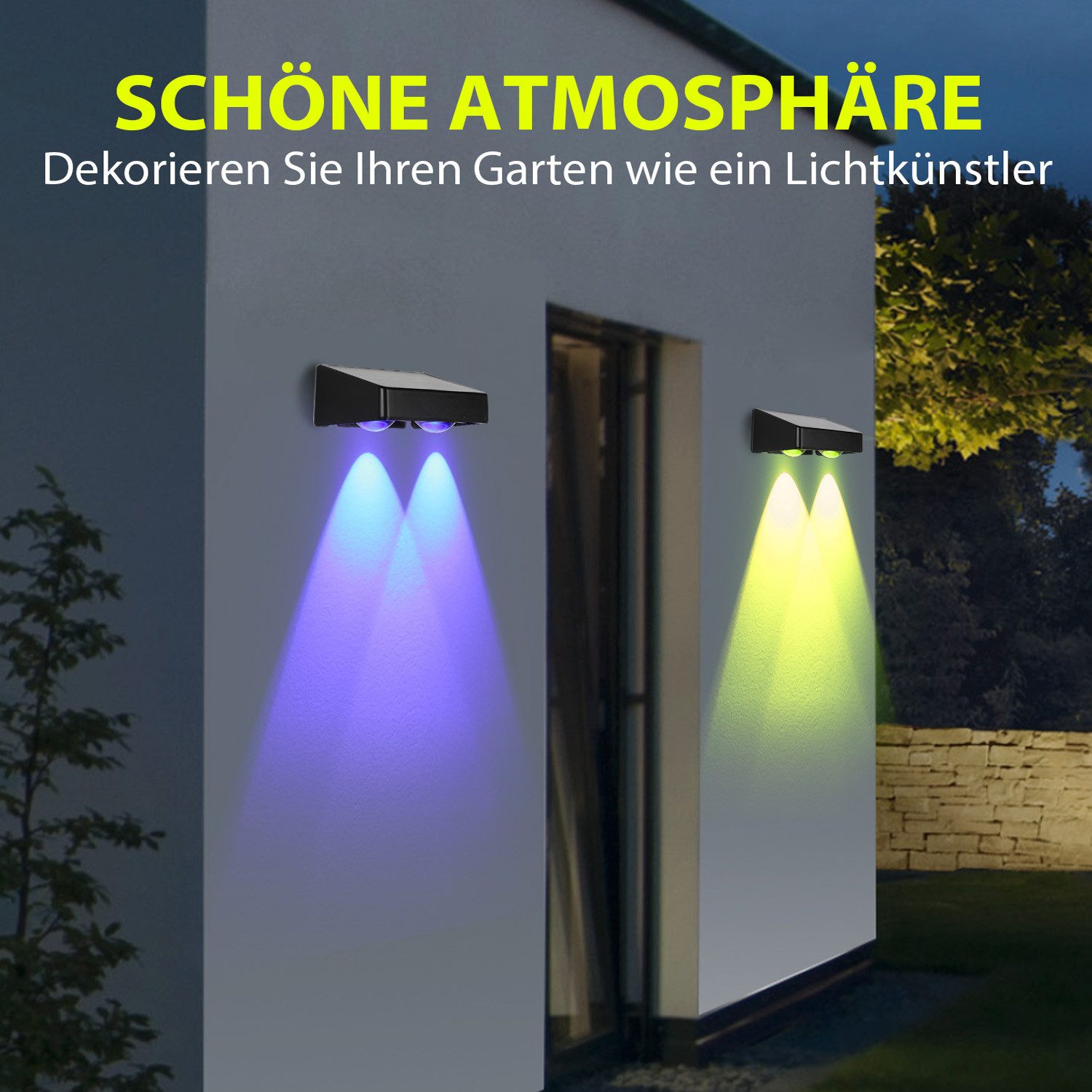 oyajia Außen-Wandleuchte 4 Stück Solarlampe für Außen, LED Solarleuchte Außen Wandlampe Up Down, LED fest integriert, Warmweiß, Kaltweiß, RGB, LED Solarleuchte  – Bild 2 von 5