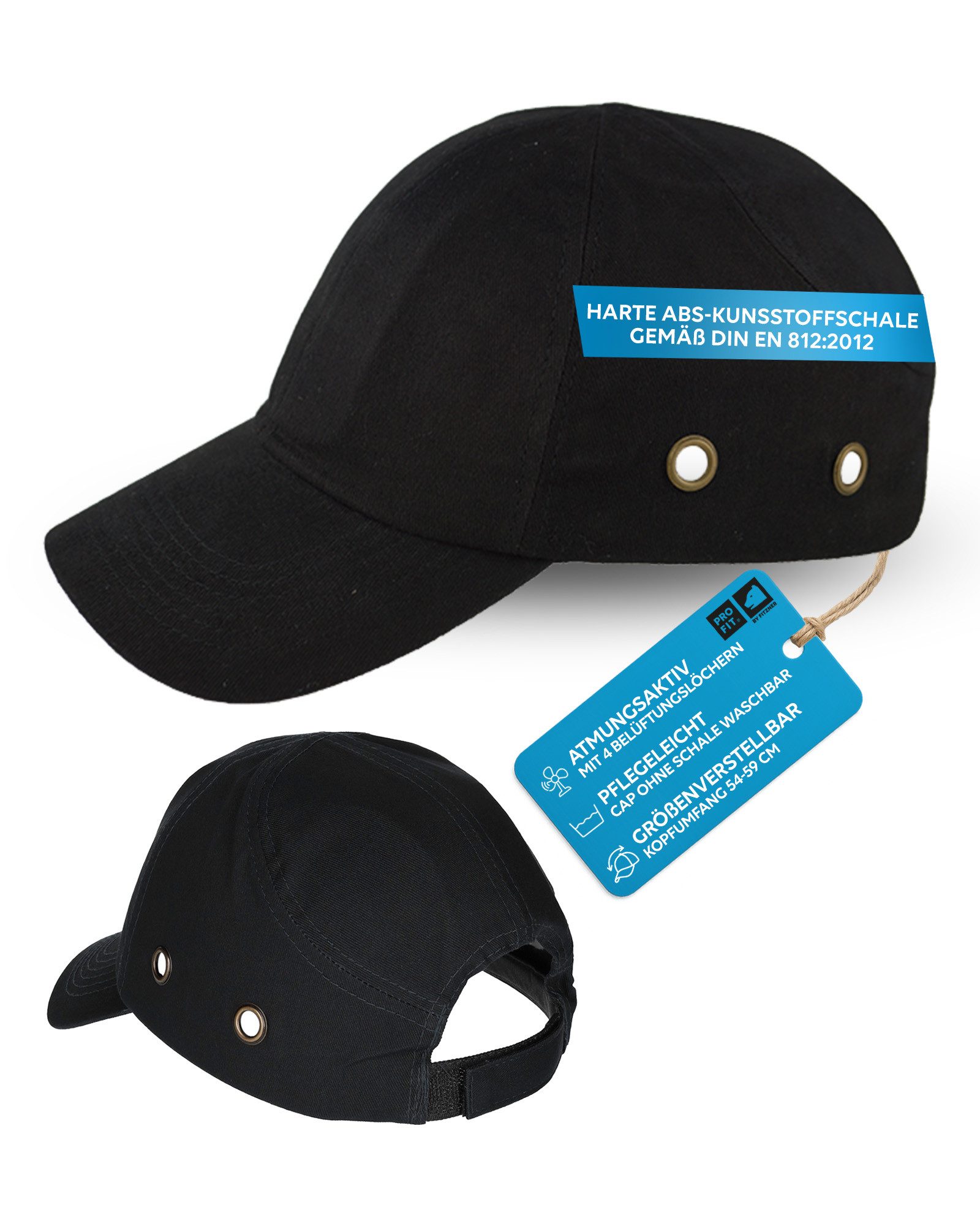 PRO FIT Sicherheitshelm, Baseballcap, Anstoßkappe in Baseballmützen Style, Uni Cap mit Schirm (1, Stück), aus waschbarer Baumwolle, mit Belüftungslöchern - Schwarz