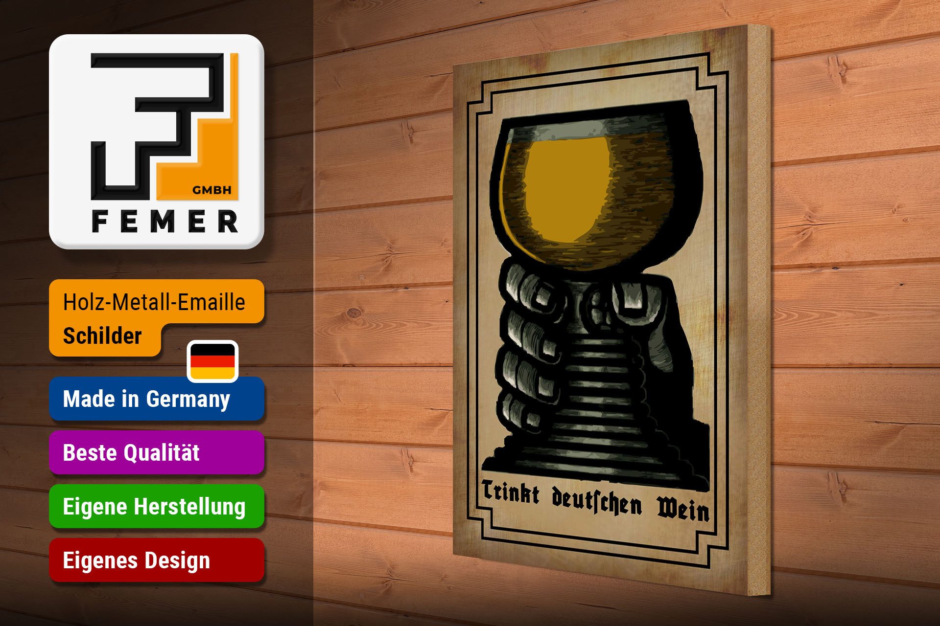 Femer GmbH Holzbild Alkohol 30x40 cm Trinkt deutschen Wein Hand mit Weißwein, (1 St), Glatte Holzfaserplatte (MDF), vorn beschichtet