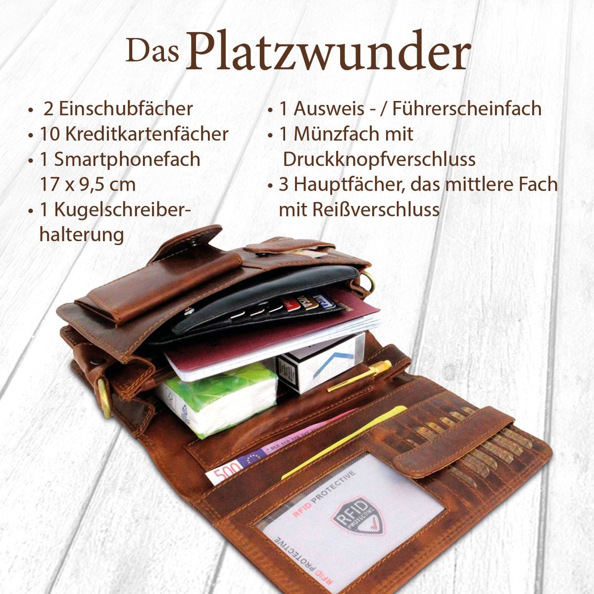 Corno d´Oro Handgelenktasche Herren Echtleder Handgemachte Umhängetasche RFID Schutz Vintage Braun, für Mini Tablet bis 8 Zoll; mit abnehmbarem Schultergurt