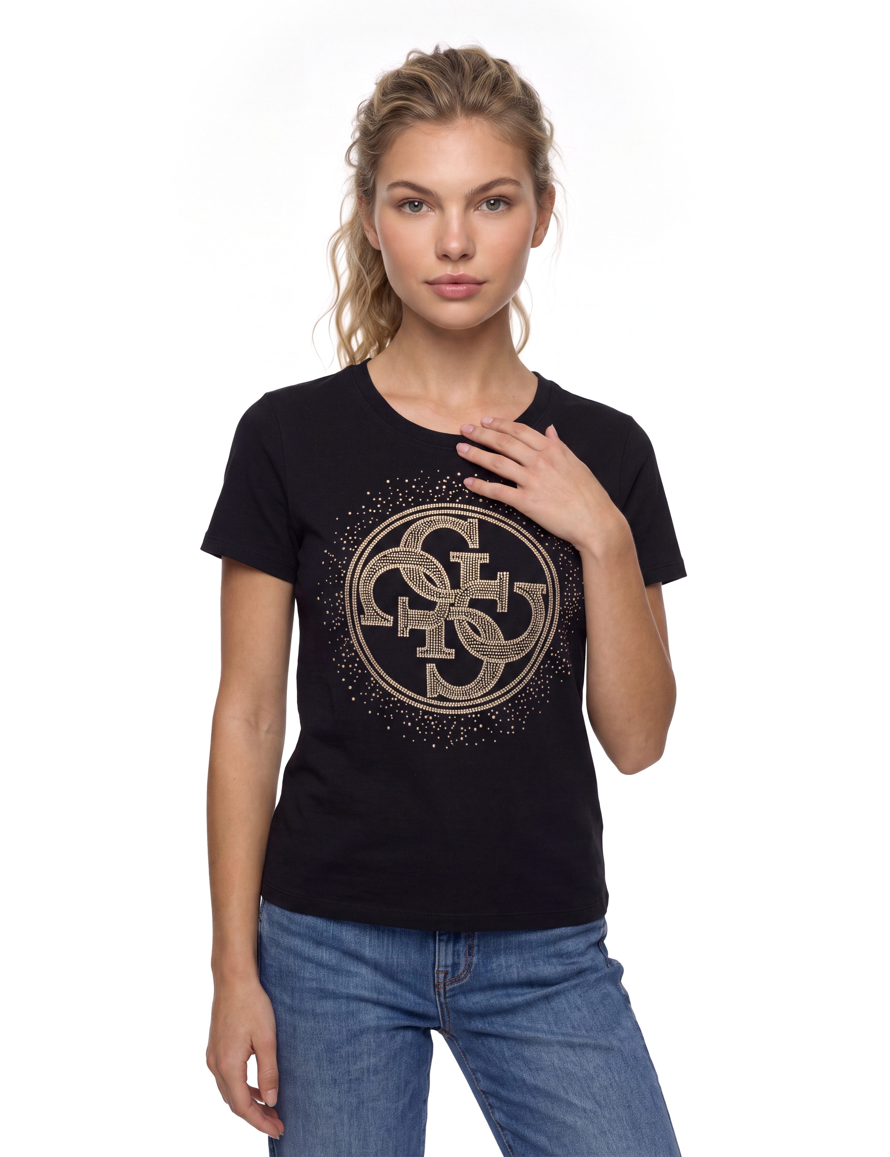 Guess T-Shirt CN 4G ROUND CRYSTALS LOGO mit markantem Logodesign, Regular Fit