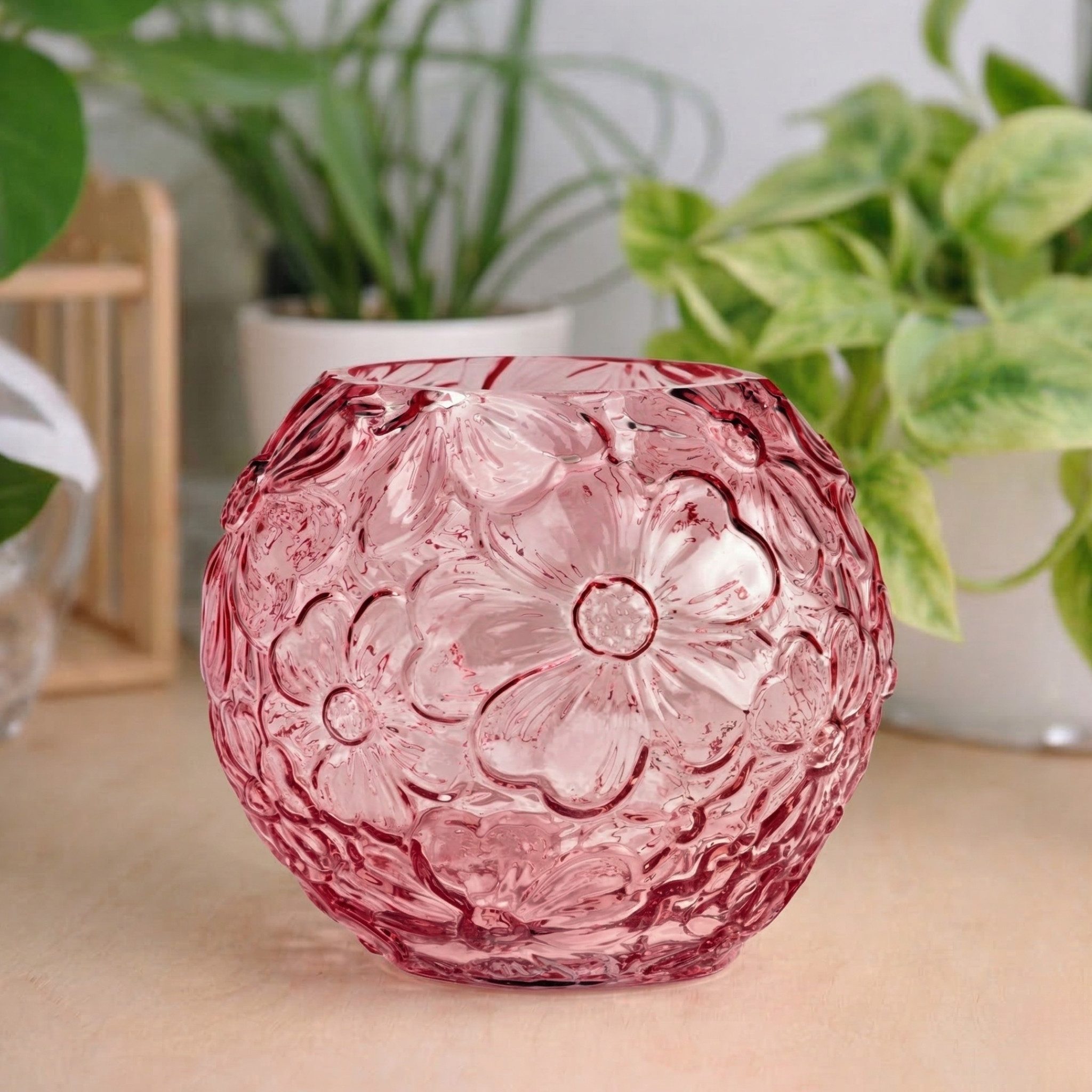 matches21 HOME & HOBBY Dekovase Blumenvase aus Glas in Rosa mit Blumen-Muster in Ø 15 cm (1 St), Runde Tulpenvase als Frühlingsdeko
