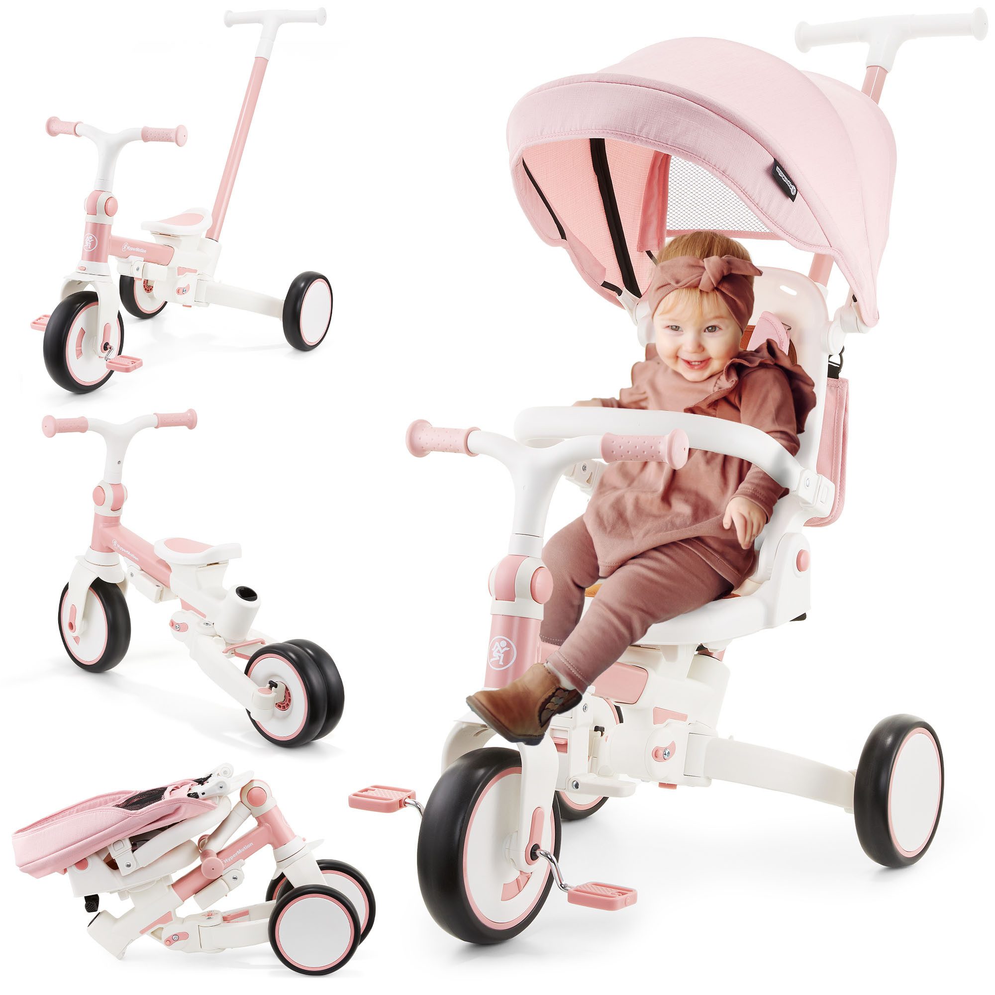 HyperMotion Dreirad Kinderroller mit Schubstange, Verdeck und drehbarem Sitz