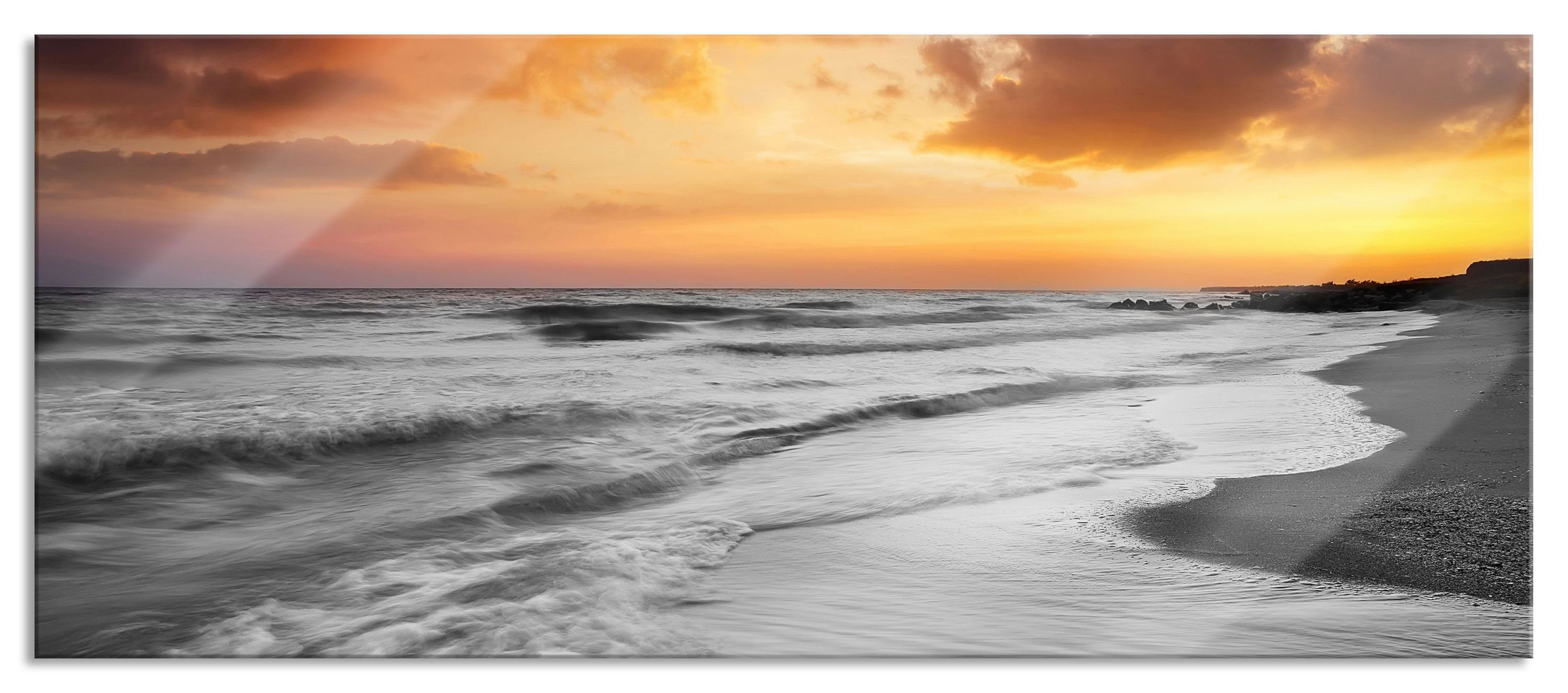 Glasbild Strand mit Sonnenuntergang