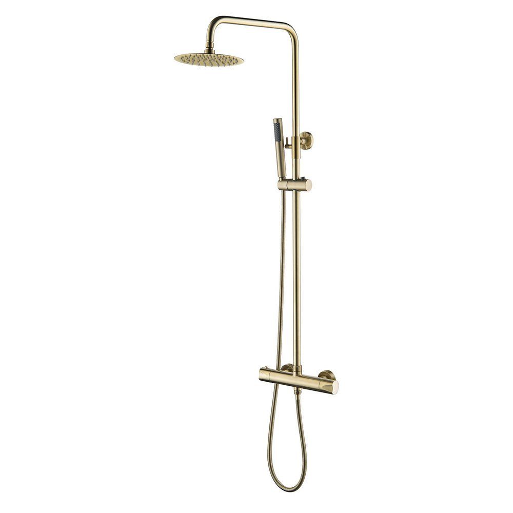 Aloni Duschsystem OPT1-BG, Höhe 120 cm, komplett_set, 1 tlg., Handbrause, Wandhalter, Brauseschlauch, Armatur, Thermostat-Duschgarnitur mit Kopfbrause Handbrause Gold gebürstet