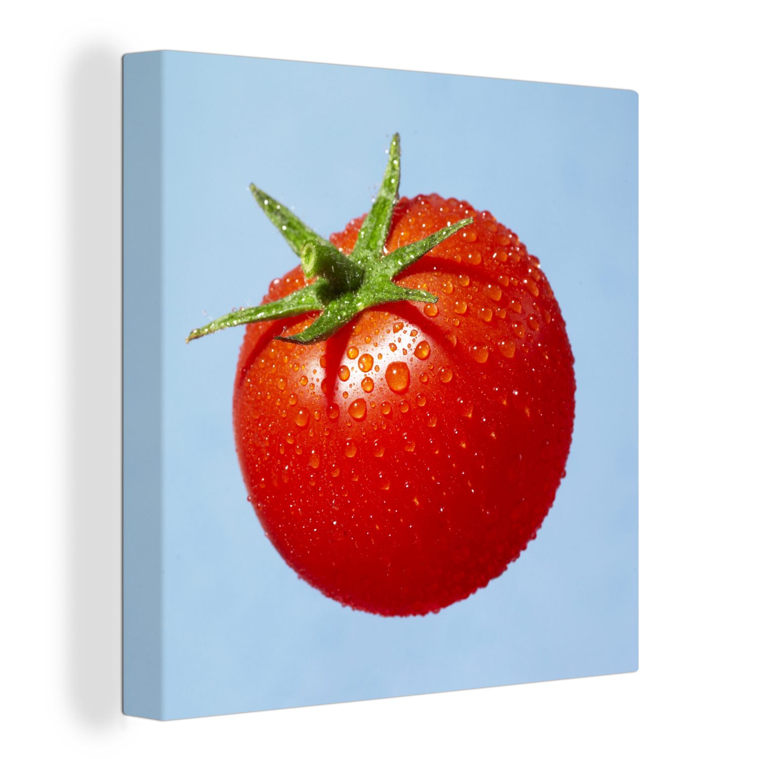 OneMillionCanvasses® Leinwandbild Eine rote Tomate mit Wassertropfen, (1 St), Leinwand Bilder für Wohnzimmer Schlafzimmer