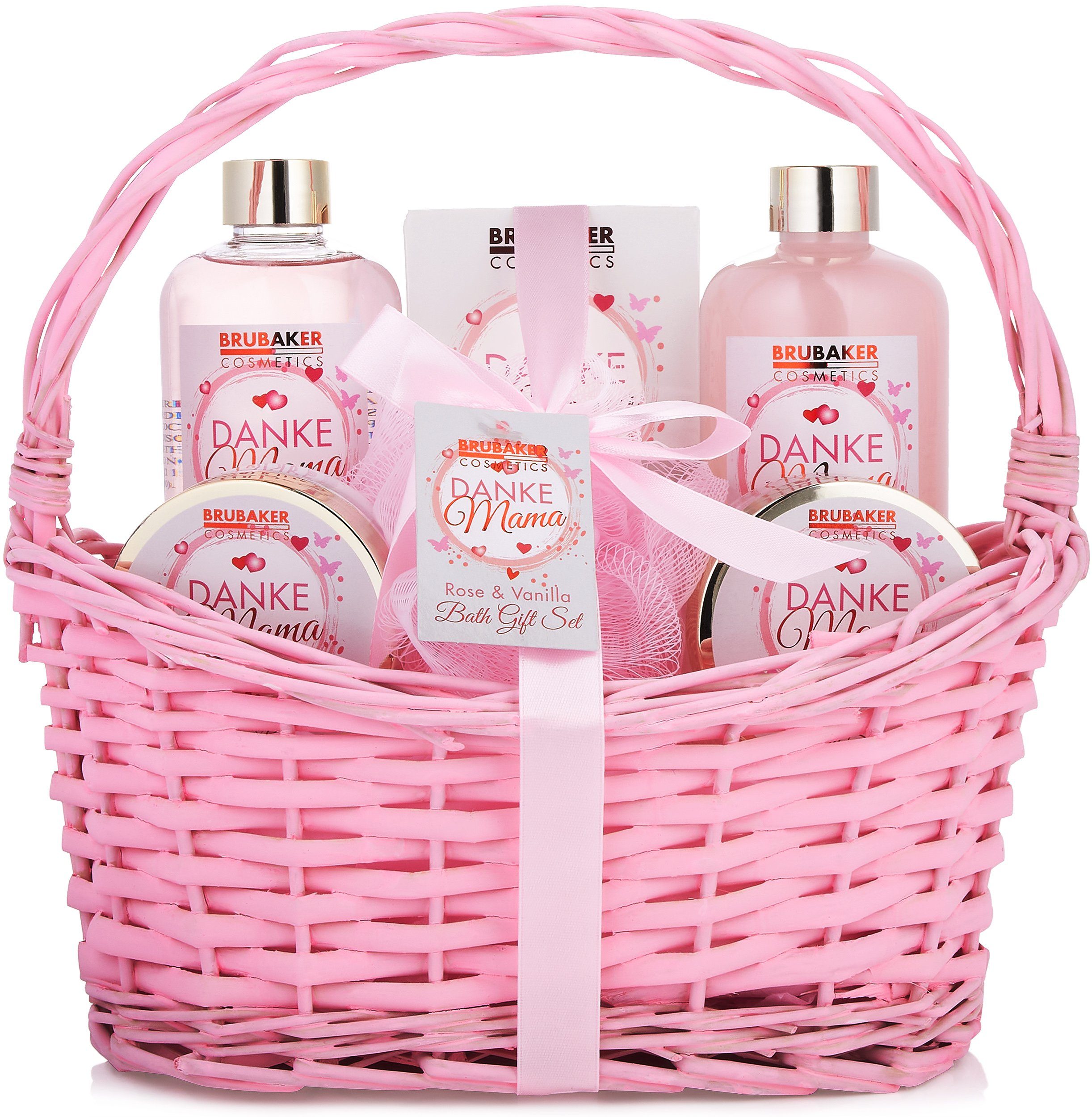 BRUBAKER Pflege-Geschenkset Badeset Danke Mama, Geschenk Set für Muttertag und Geburtstag, 7-tlg., Muttertagsgeschenk in Korb, Mutter Pflegeset mit Rosen Vanille Duft