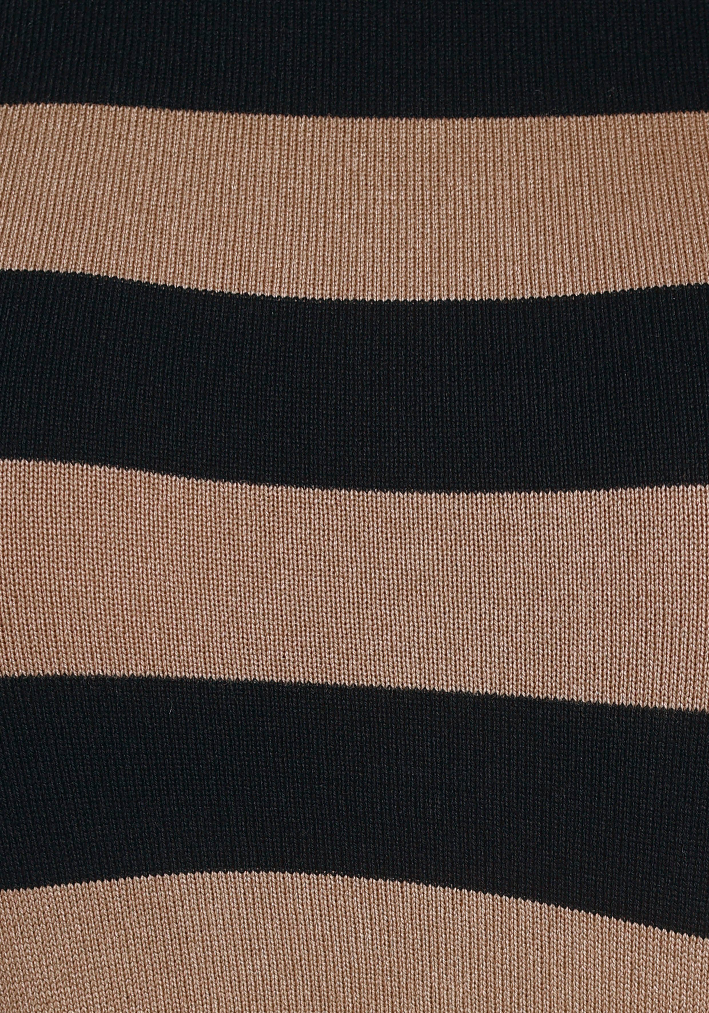 Tamaris Rollkragenpullover schwarz-camelfarben-gestreift im Streifendesign